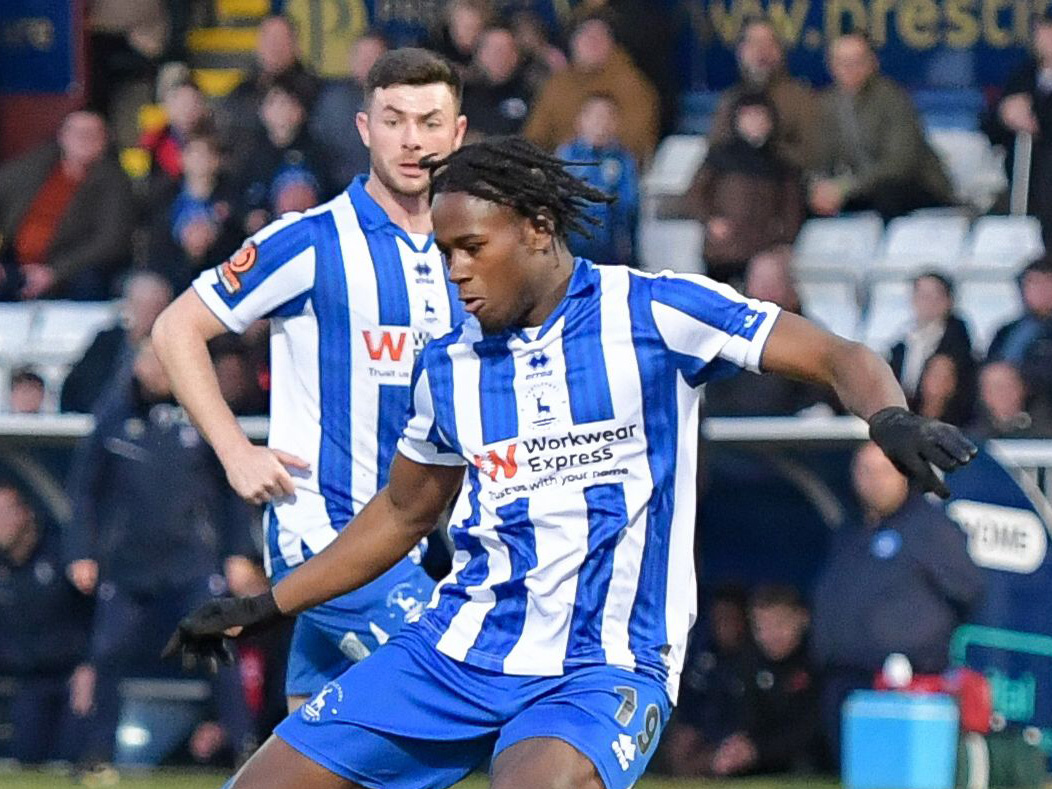 Reyes Cleary in action for Hartlepool United in their home kit 