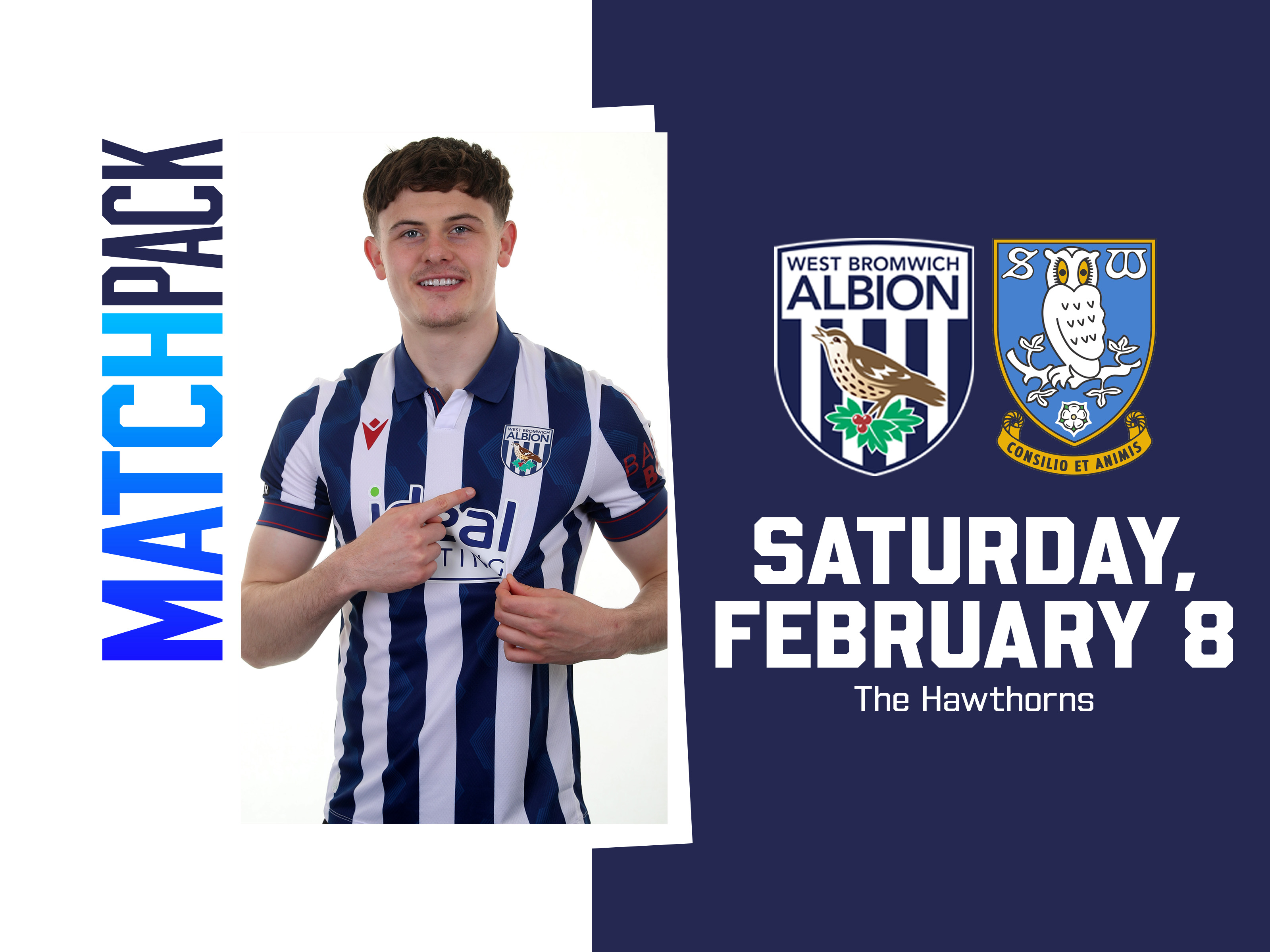 Home colours match pack graphic for Albion v Sheffield Wednesday with both club badges on and a picture of Will Lankshear posing for a photo while smiling at the camera in the home kit 