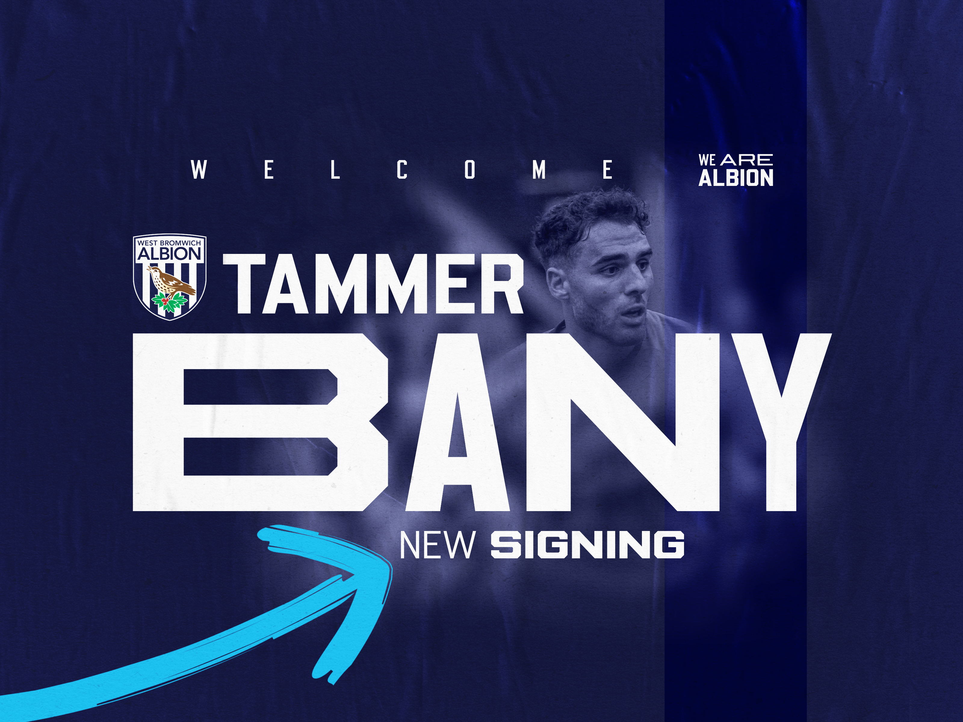 Tammer Bany new signing graphic with an image of his face