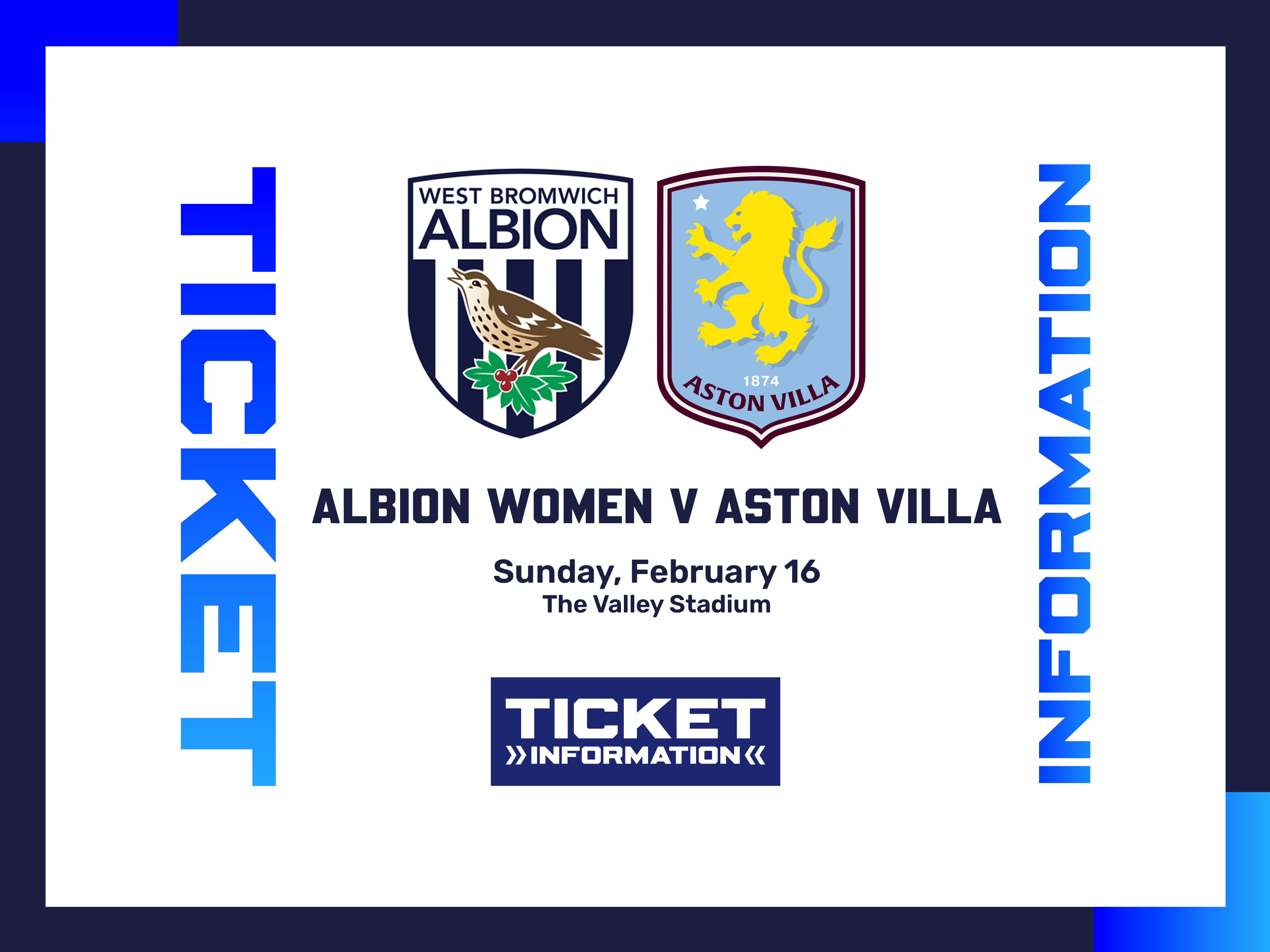 A ticket graphic displaying information for Albion Women's game against Aston Villa