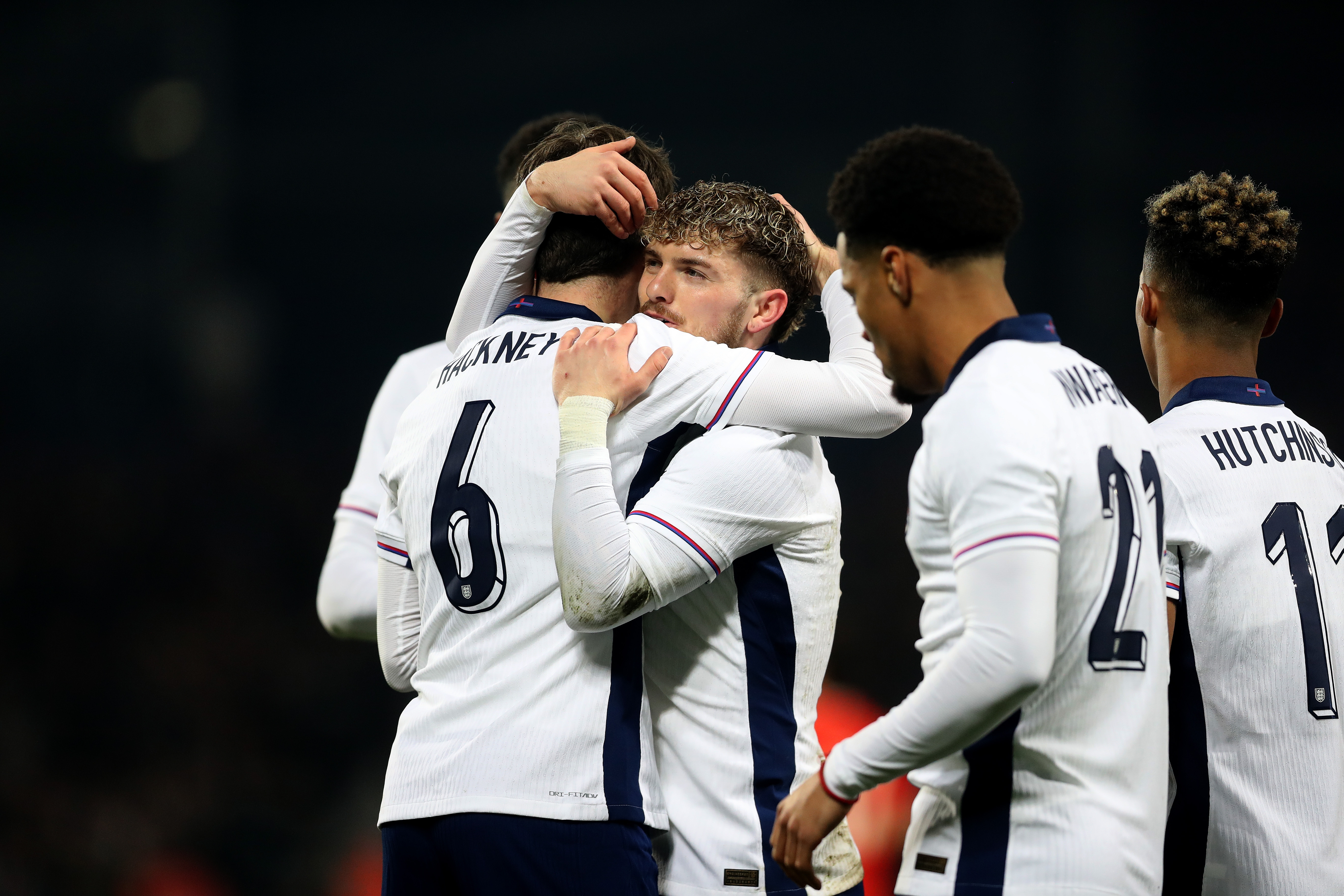 Several England players celebrate a goal scored against Portugal at The Hawthorns