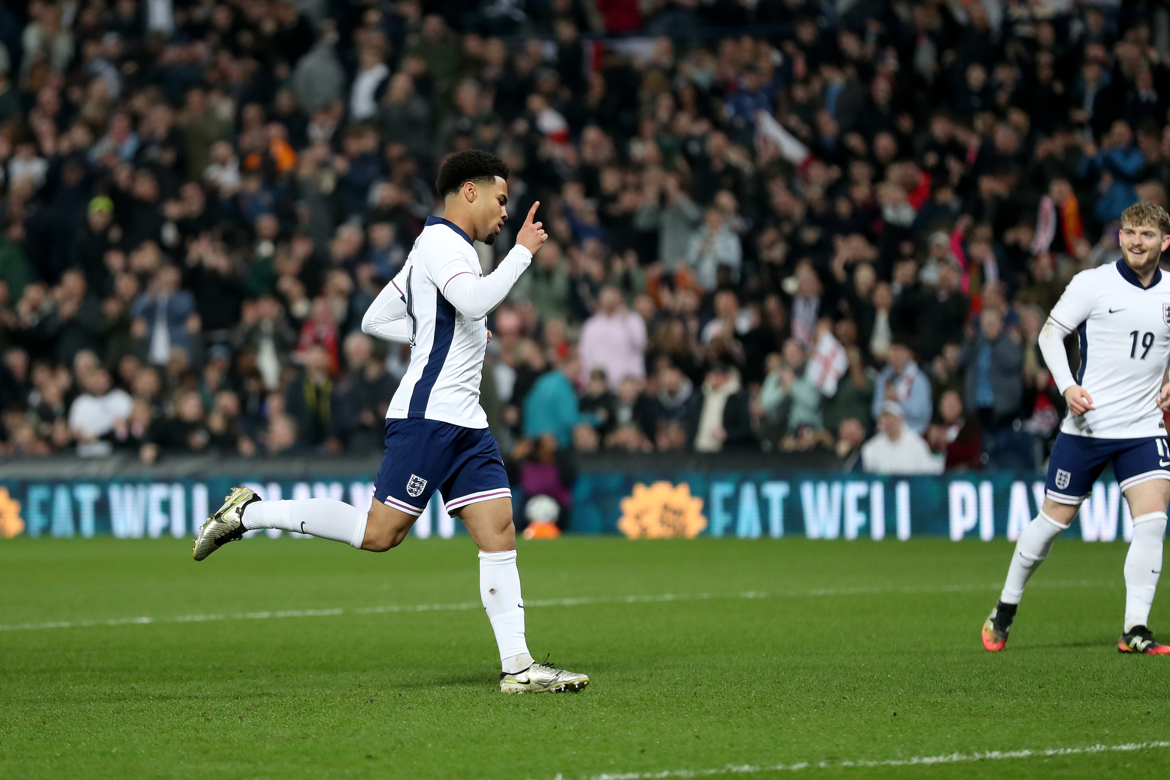 Ethan Nwaneri celebrates scoring for England U21s against Portugal at The Hawthorns