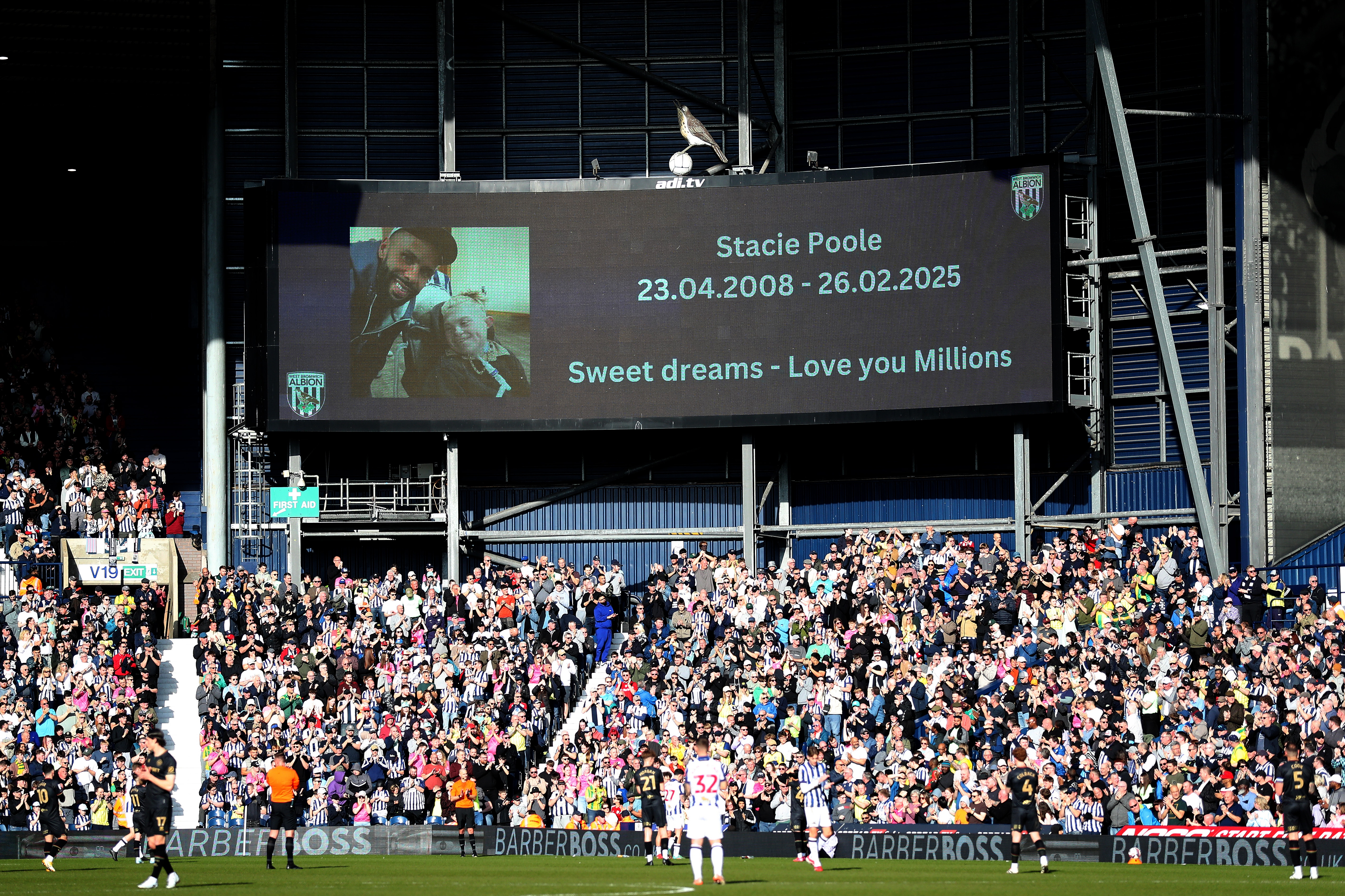 Tributes on the big screen at The Hawthorns to Stacie Poole