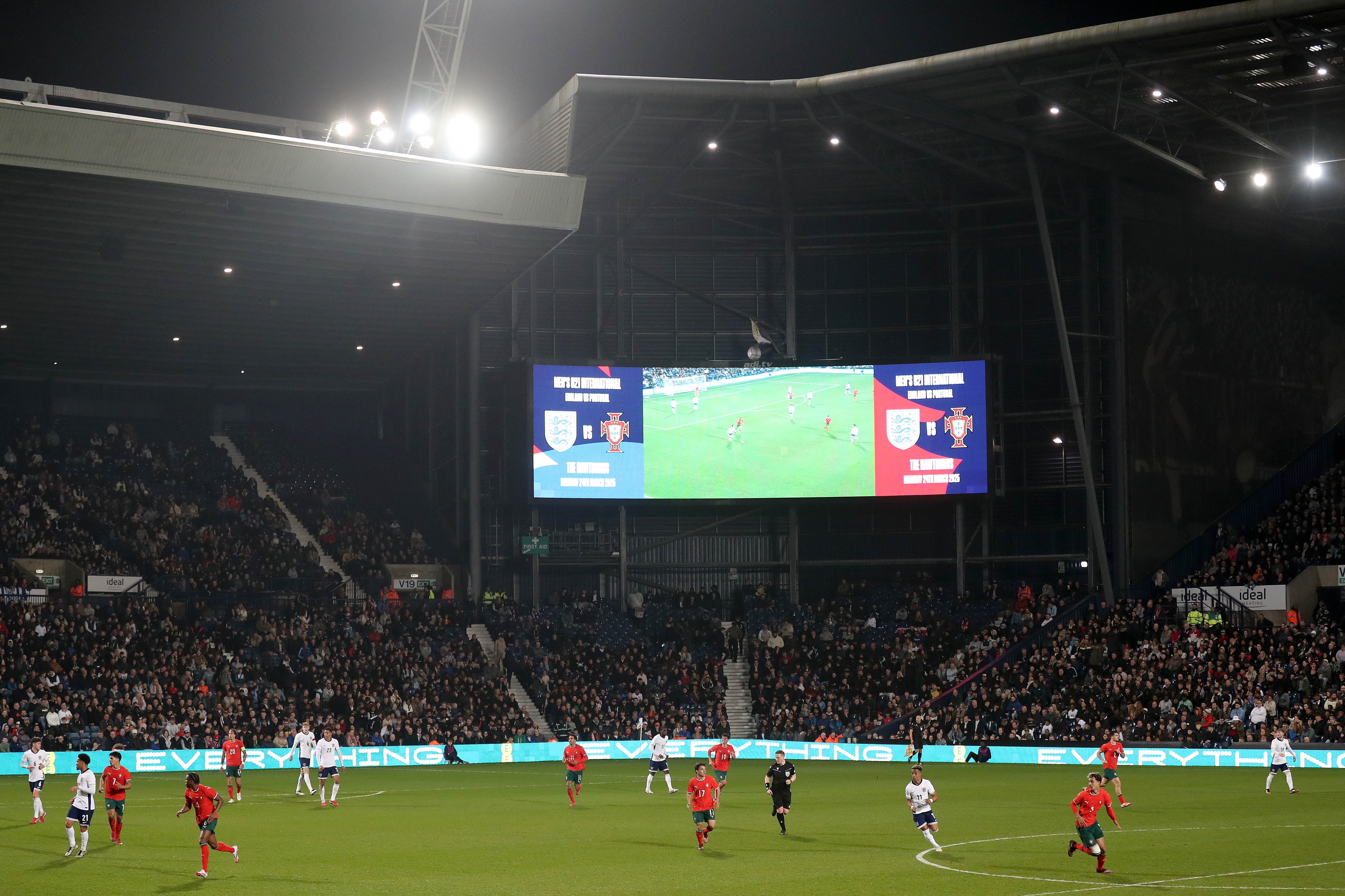 A wide view of The Hawthorns with the game being played between England U21s and Portugal