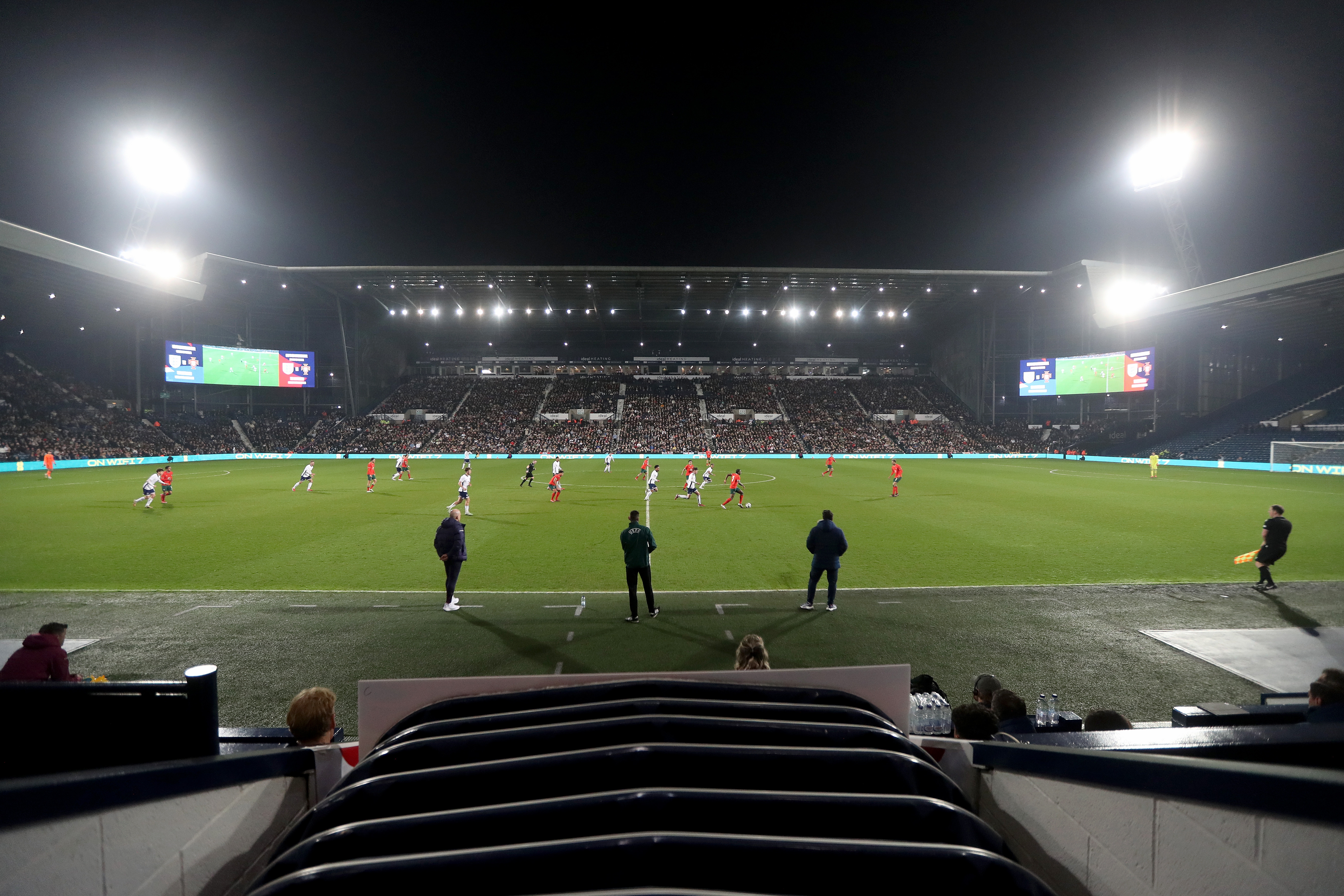 A wide view of The Hawthorns with the game being played between England U21s and Portugal