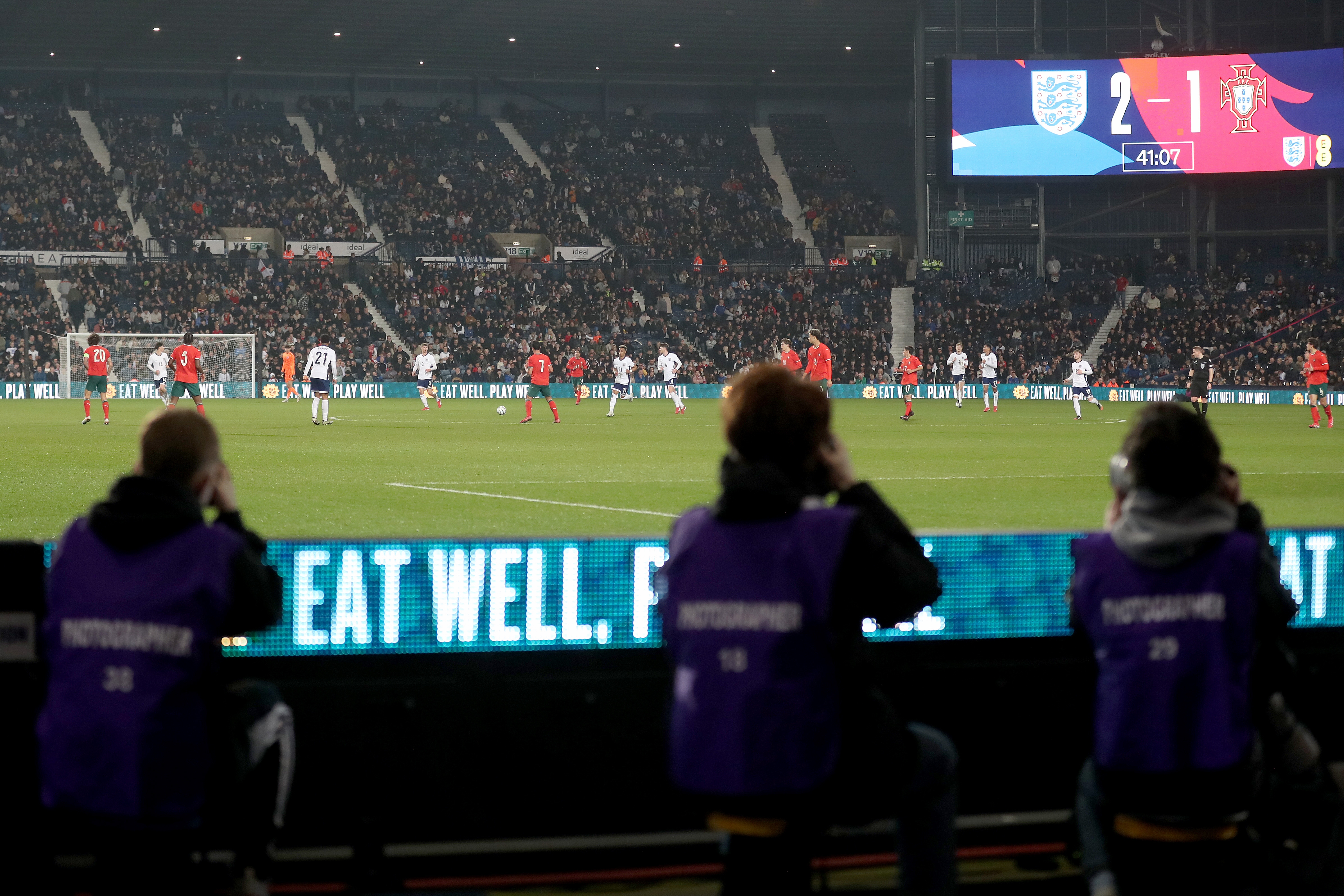 A wide view of The Hawthorns with the game being played between England U21s and Portugal