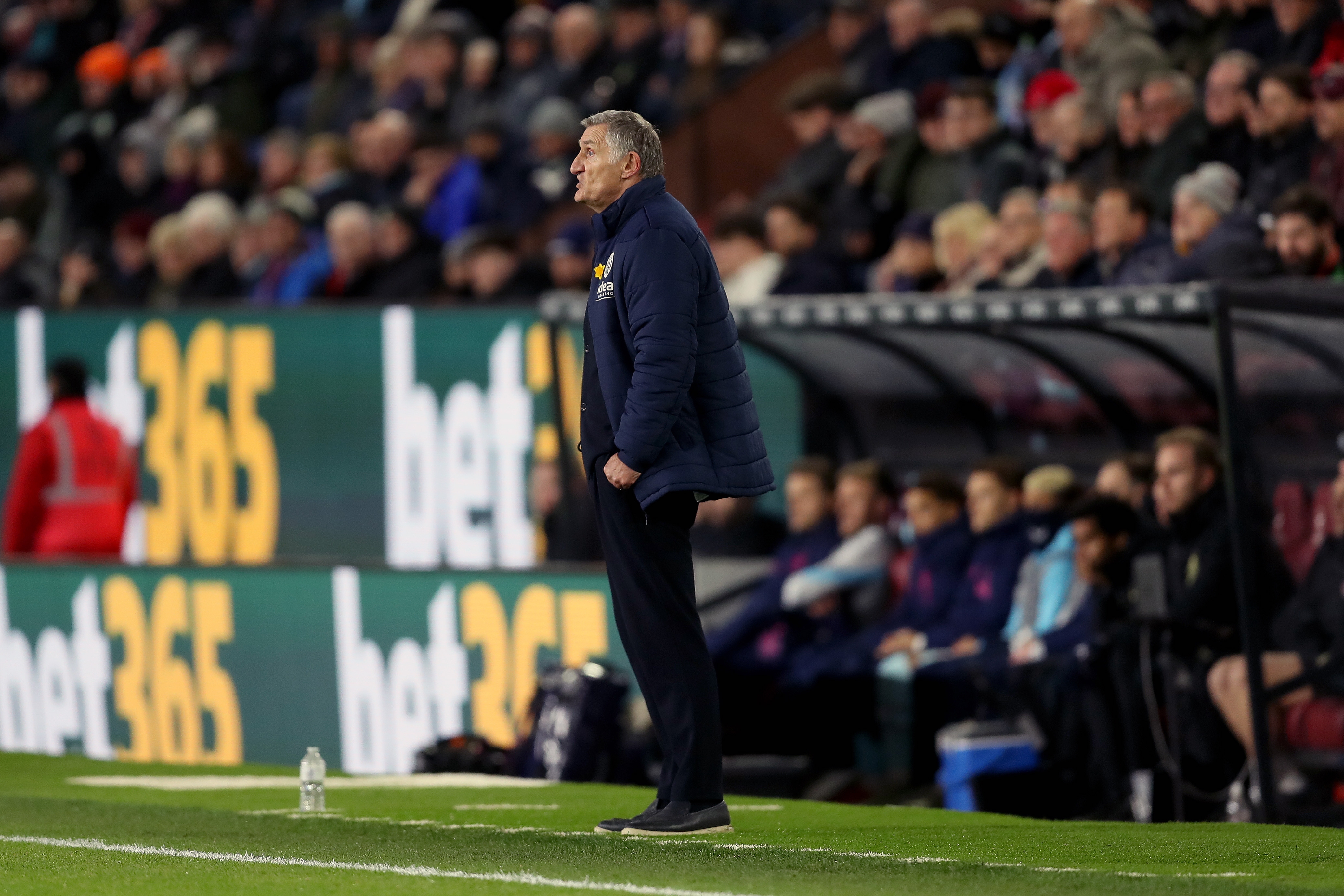 Tony Mowbray on the side of the pitch at Turf Moor