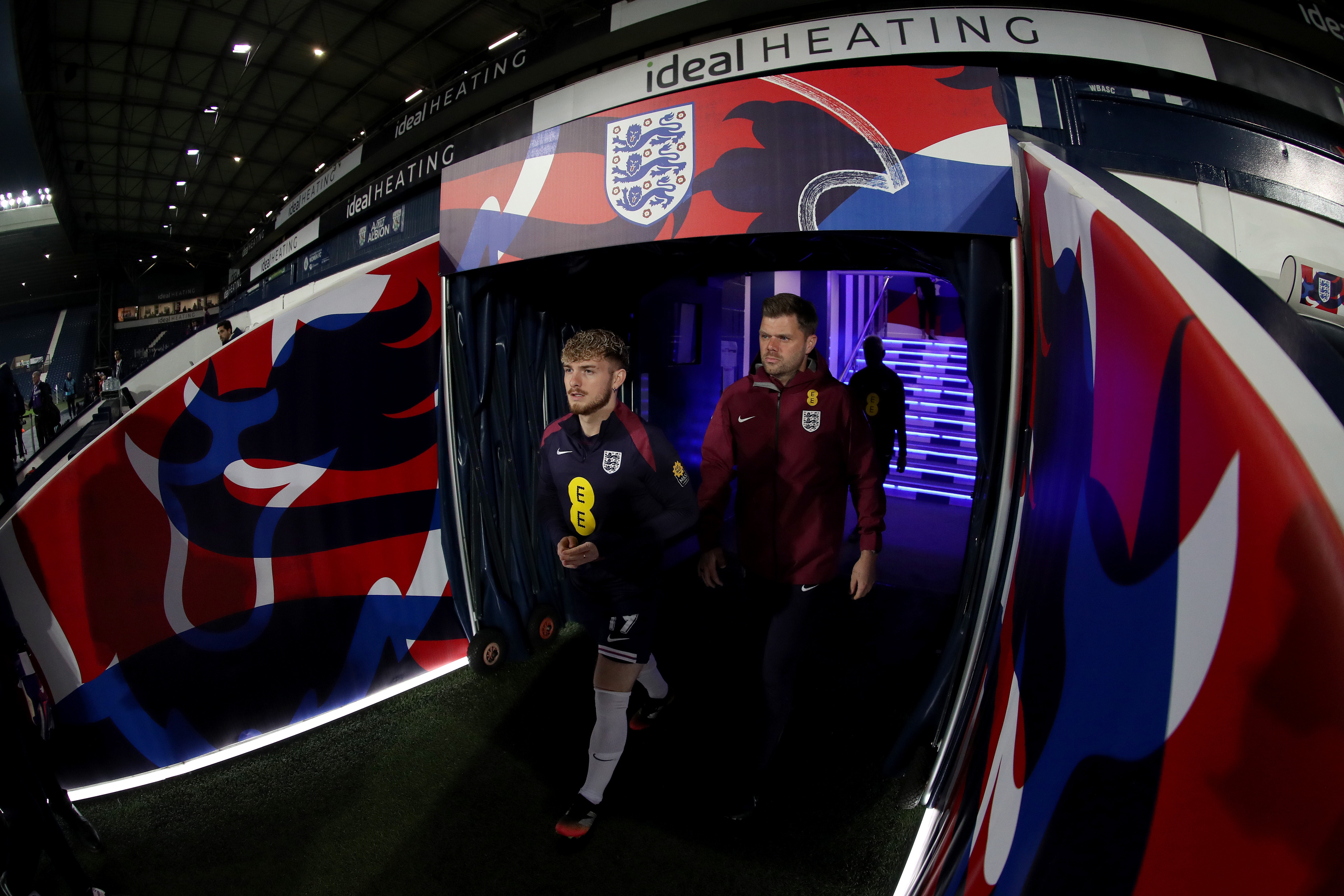 England players walking out of the tunnel at The Hawthorns for their warm up before playing Portugal