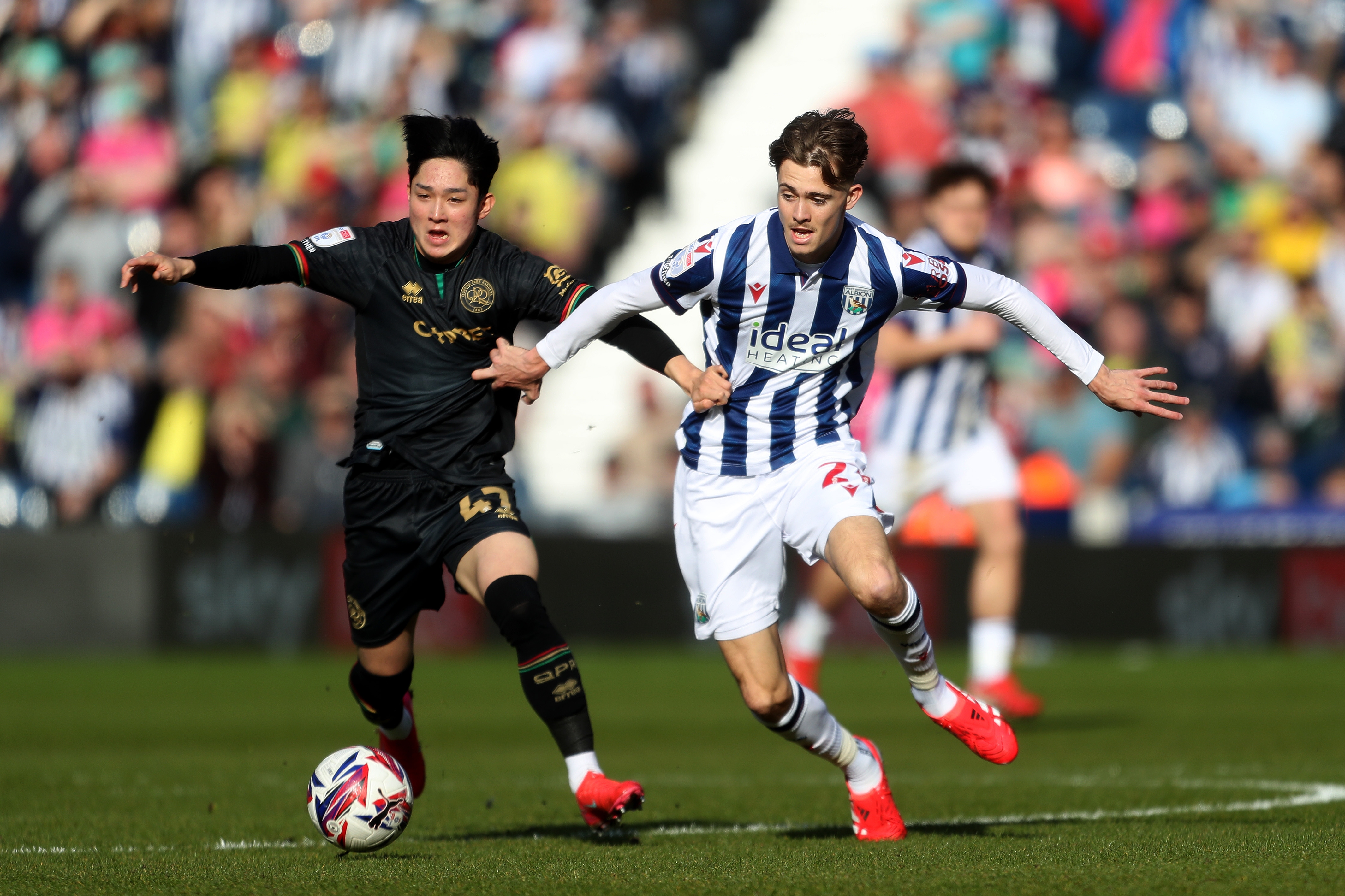 Isaac Price in action for Albion in the home kit against QPR 