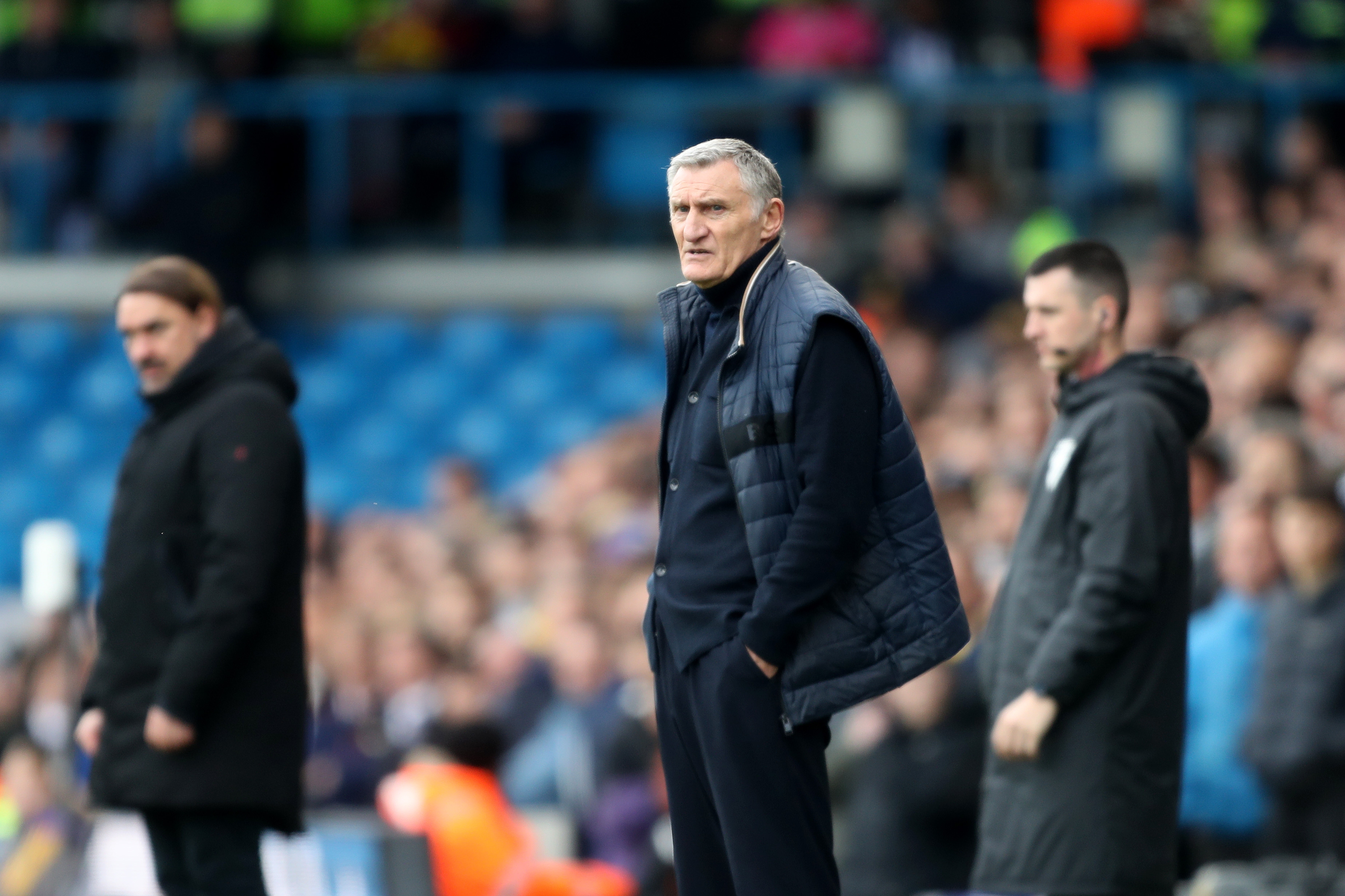 Tony Mowbray on the side of the pitch at Leeds United