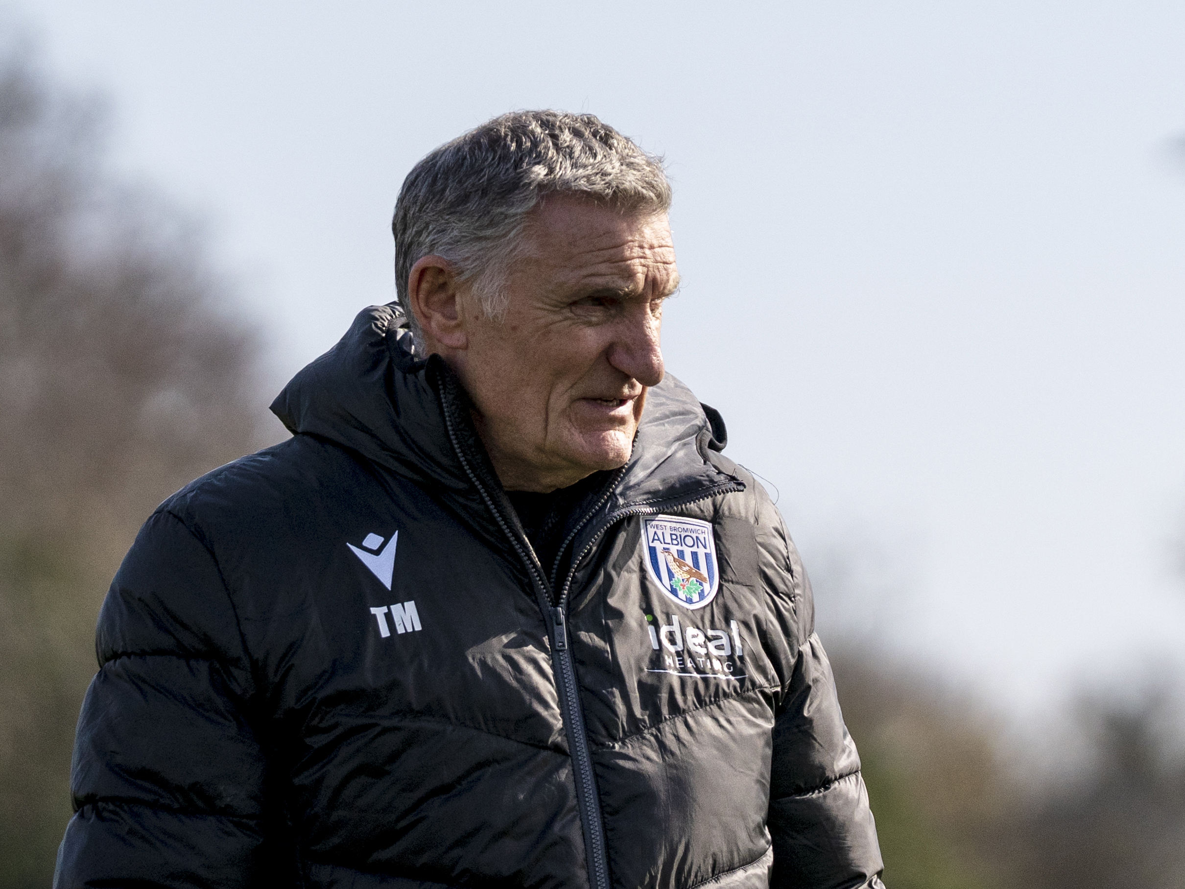 Tony Mowbray on the training pitch in a black WBA coat 