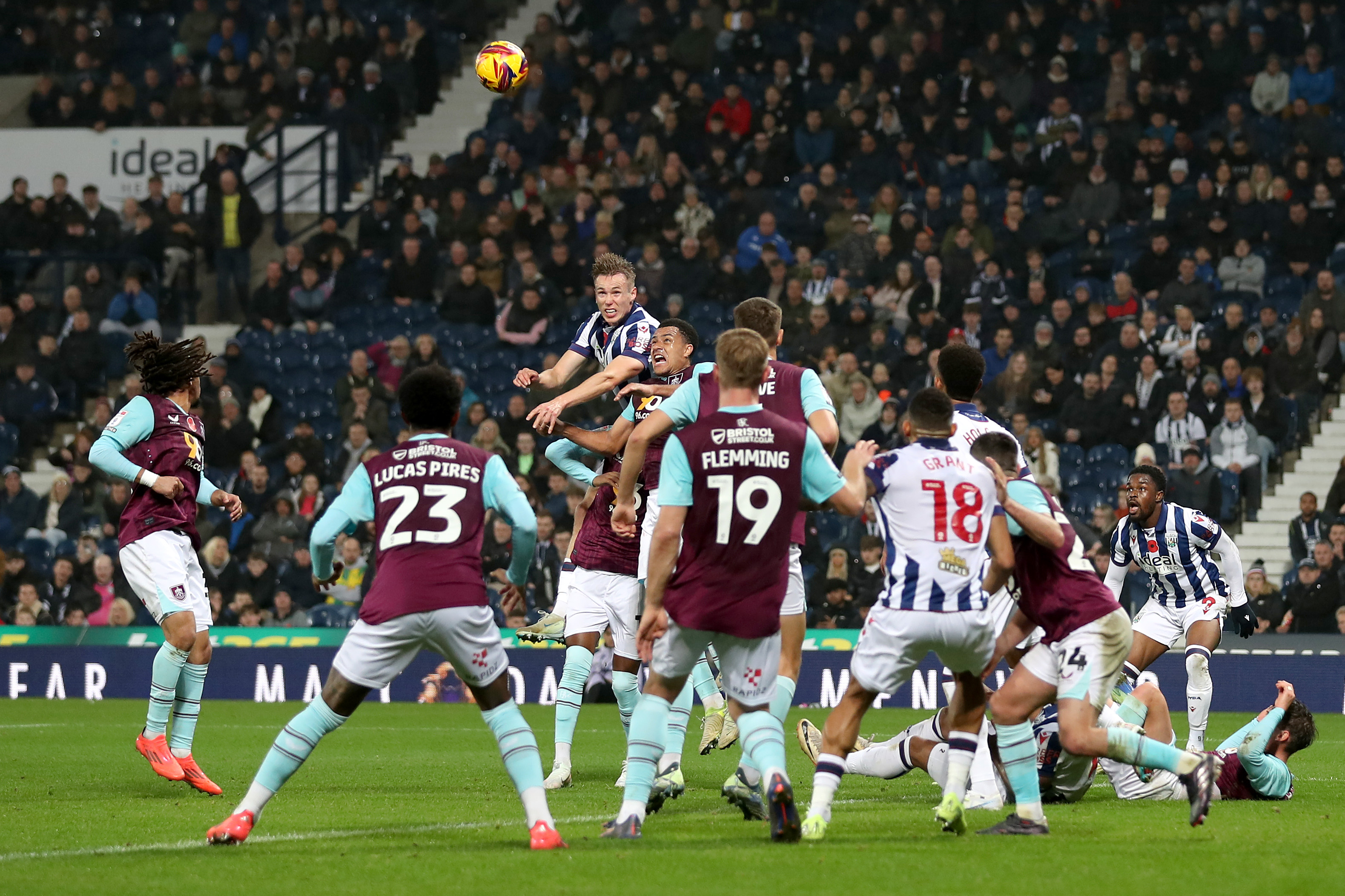 General match action between Albion and Burnley at The Hawthorns in November 2024