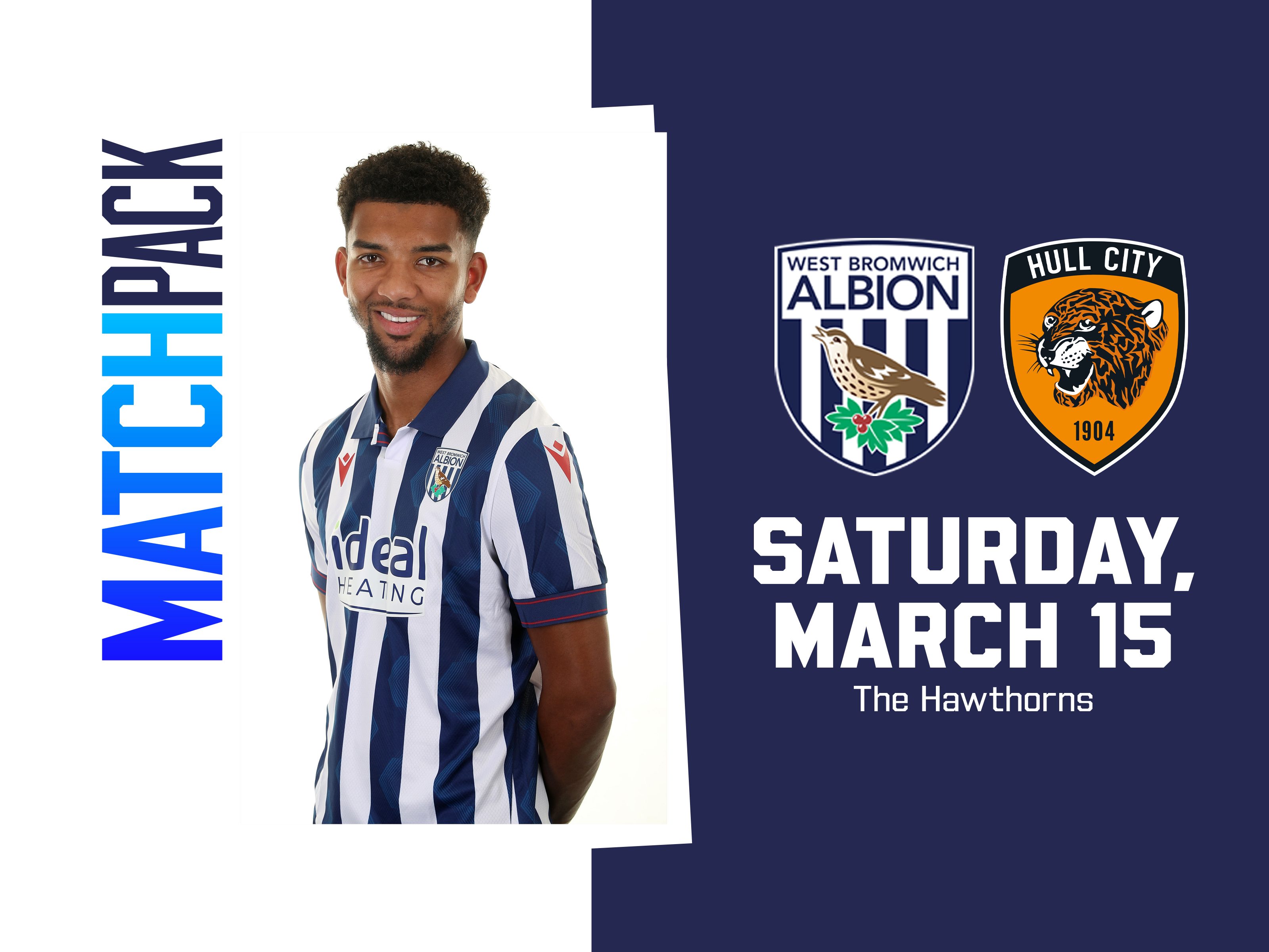 Home Hull City match pack graphic with WBA & Hull badges on as well as an image of Mason Holgate smiling at the camera in the home kit 