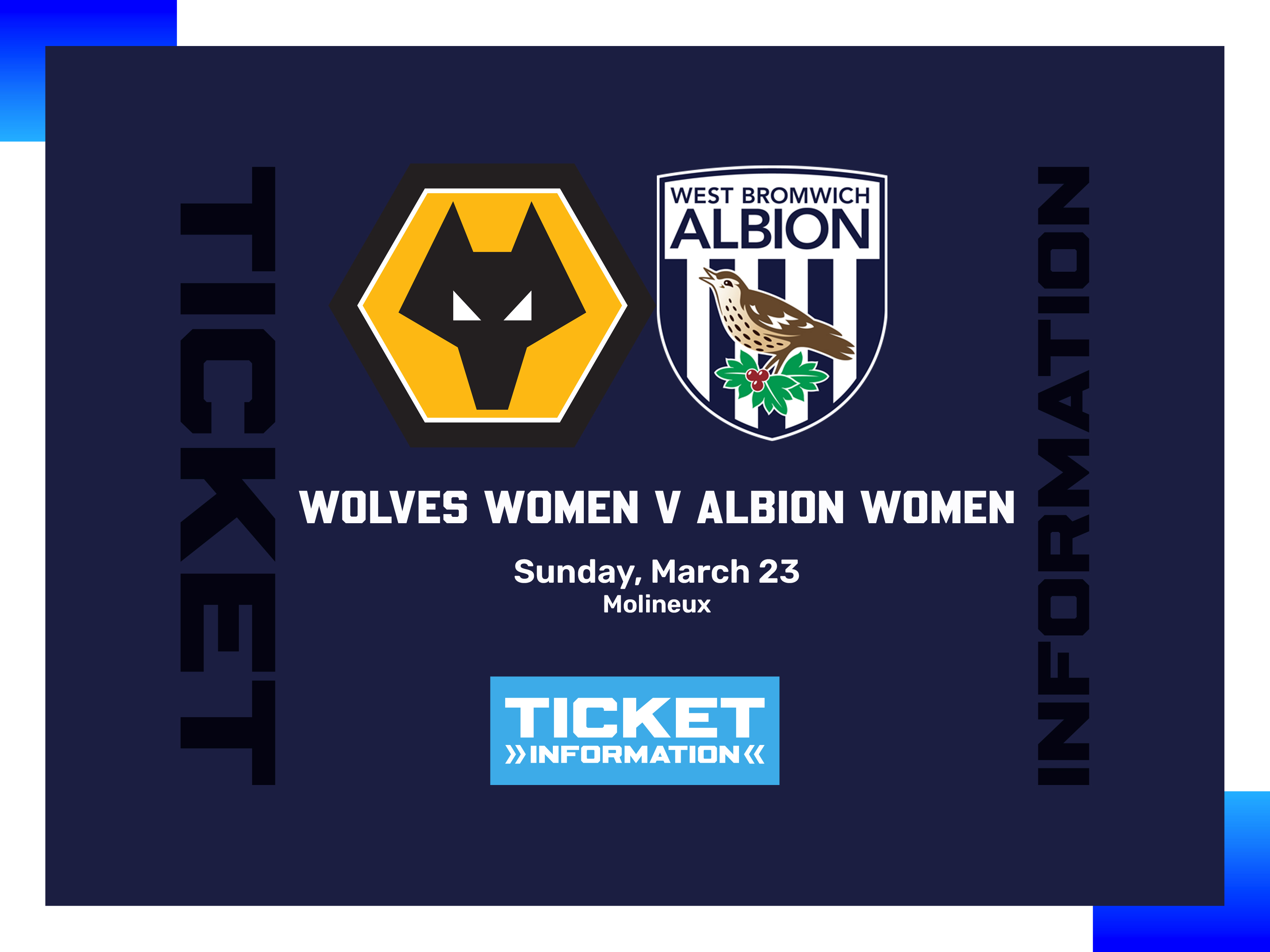 A ticket graphic displaying information for Albion Women's game against Wolves