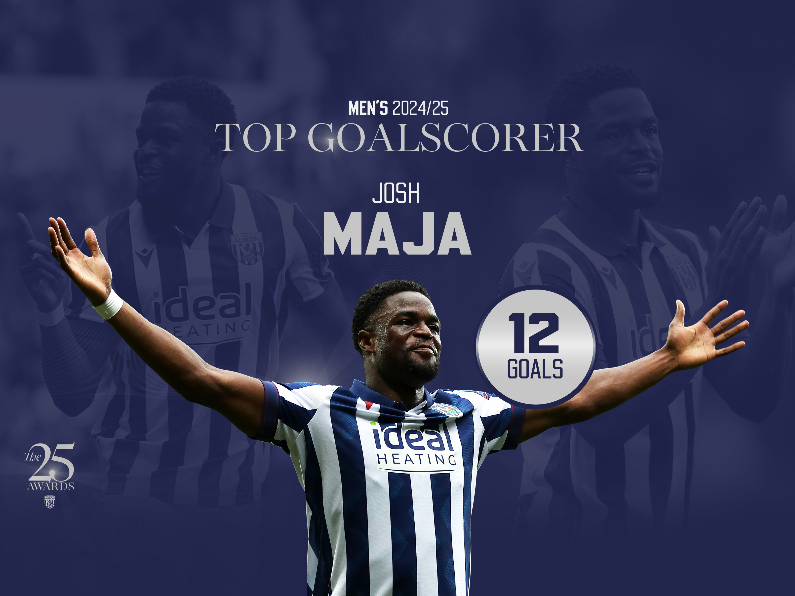 Josh Maja Top Goalscorer 2024/25 graphic with an image on of him celebrating a goal in the home kit 