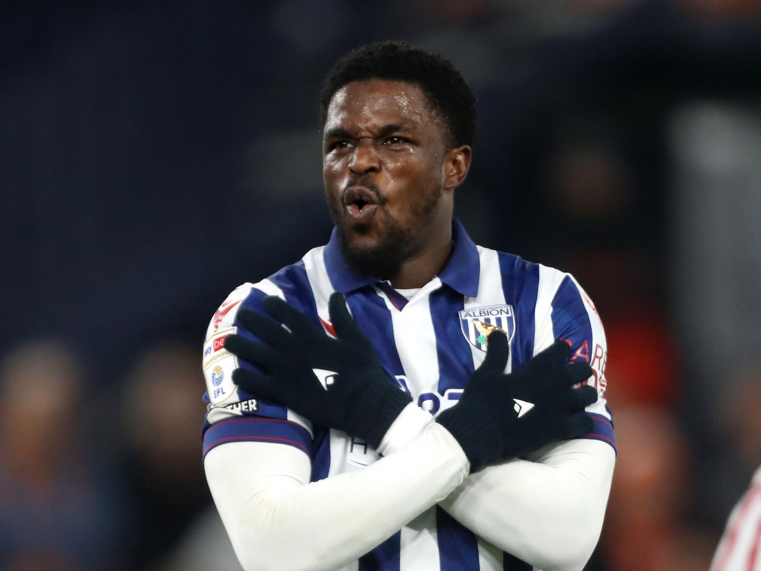 Josh Maja celebrates scoring against Luton at Kenilworth Road