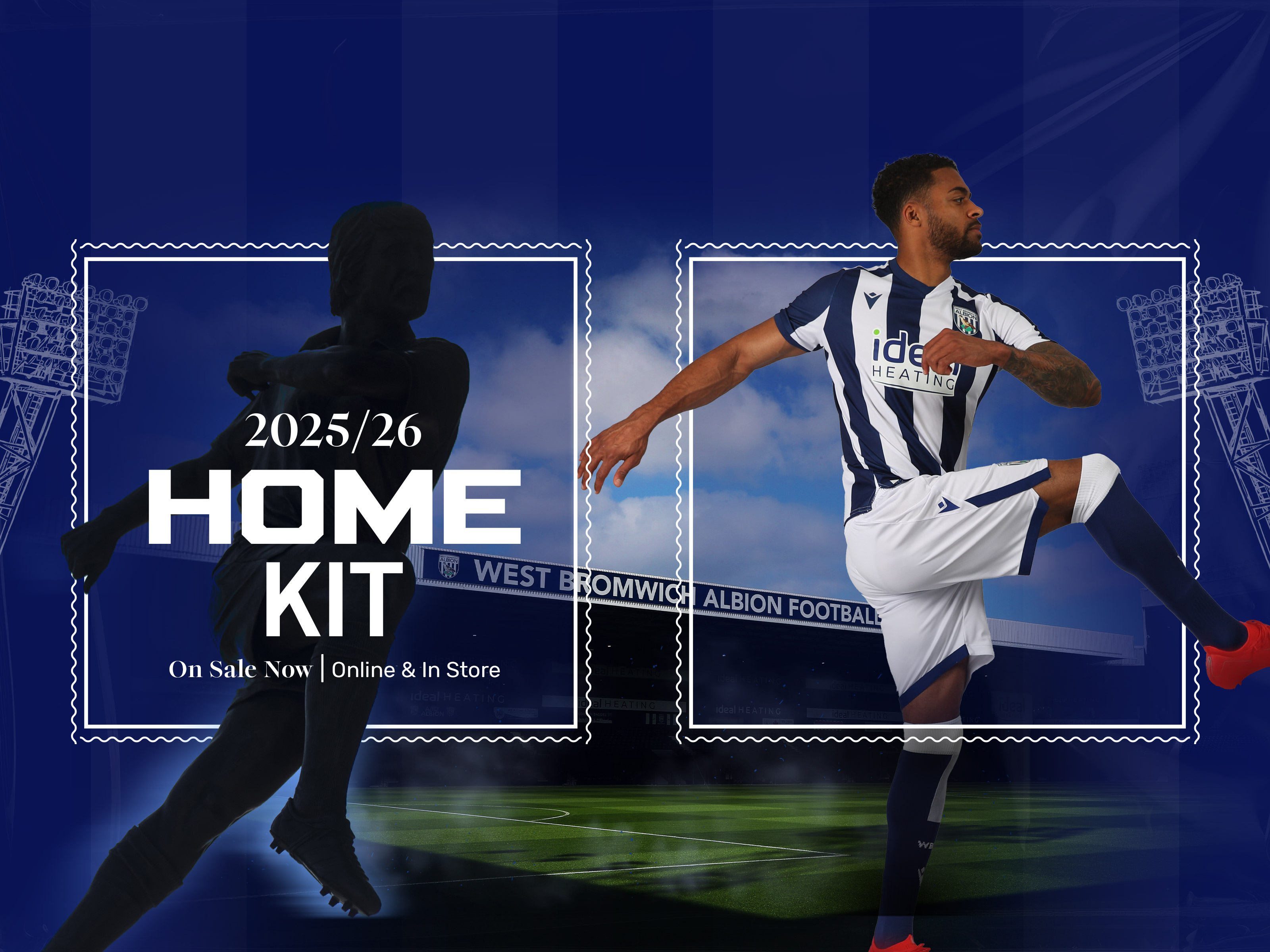 2025/26 Home Kit featuring Tony "bomber' Brown Statue and Darnell Furlong