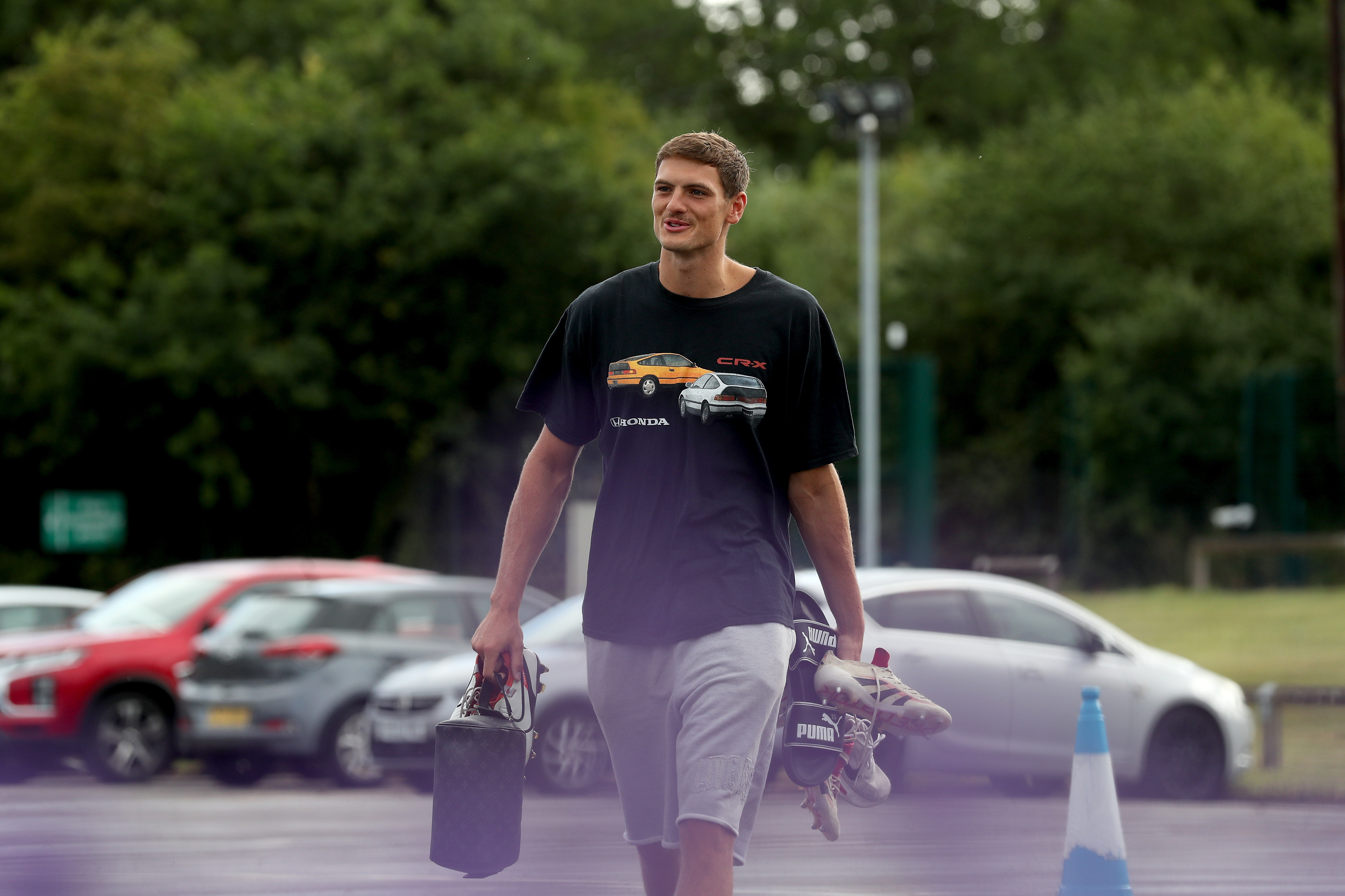 Caleb Taylor arriving at the training ground for the first day of pre-season