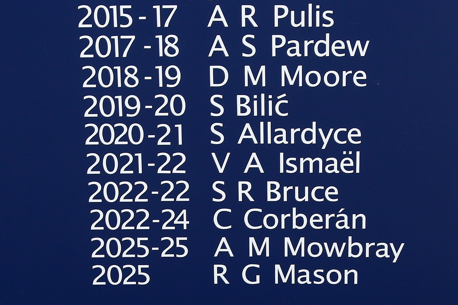 The board listing previous Albion managers with Ryan Mason's name added 