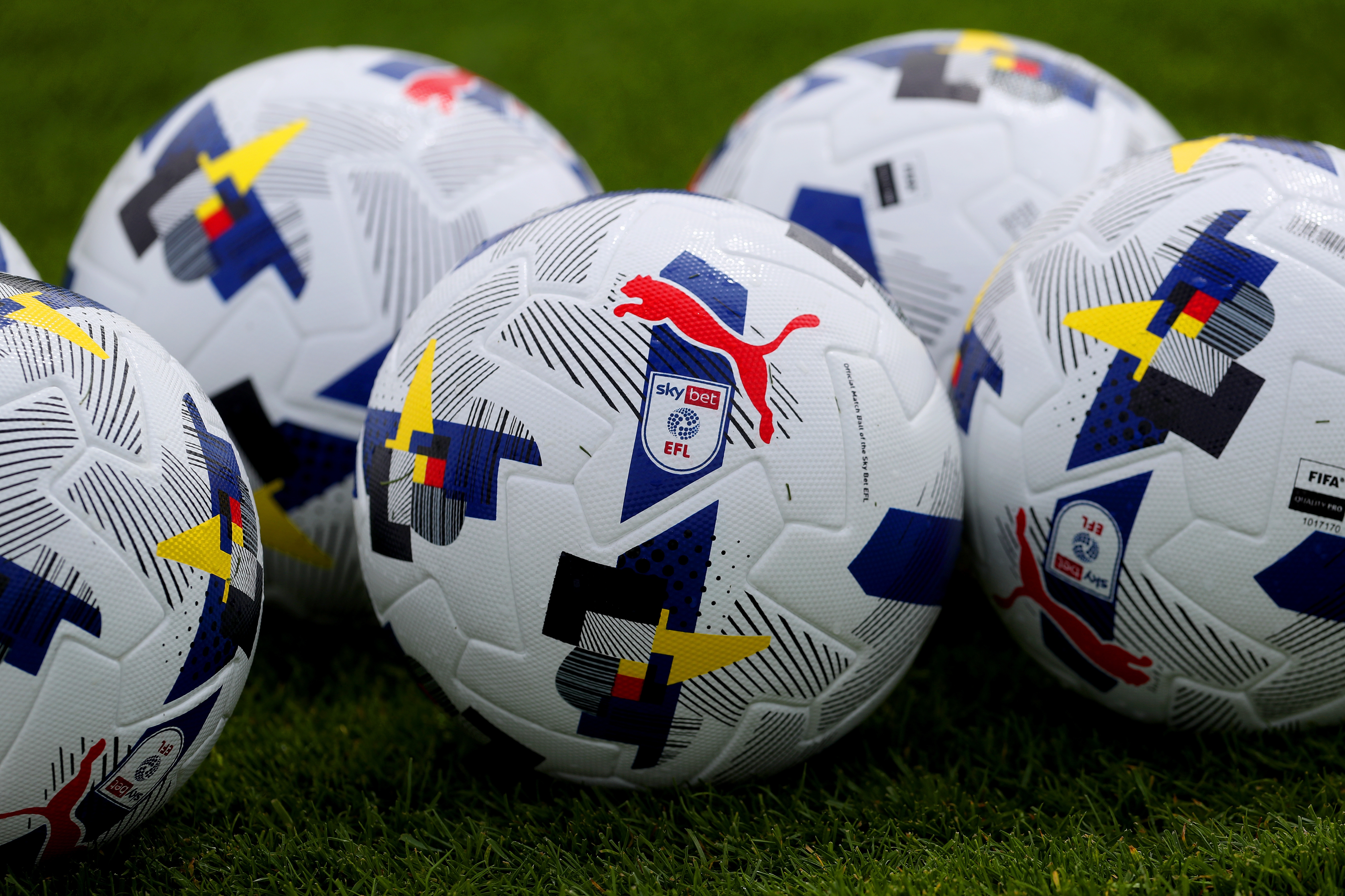 A general view of five new EFL footballs on the ground 