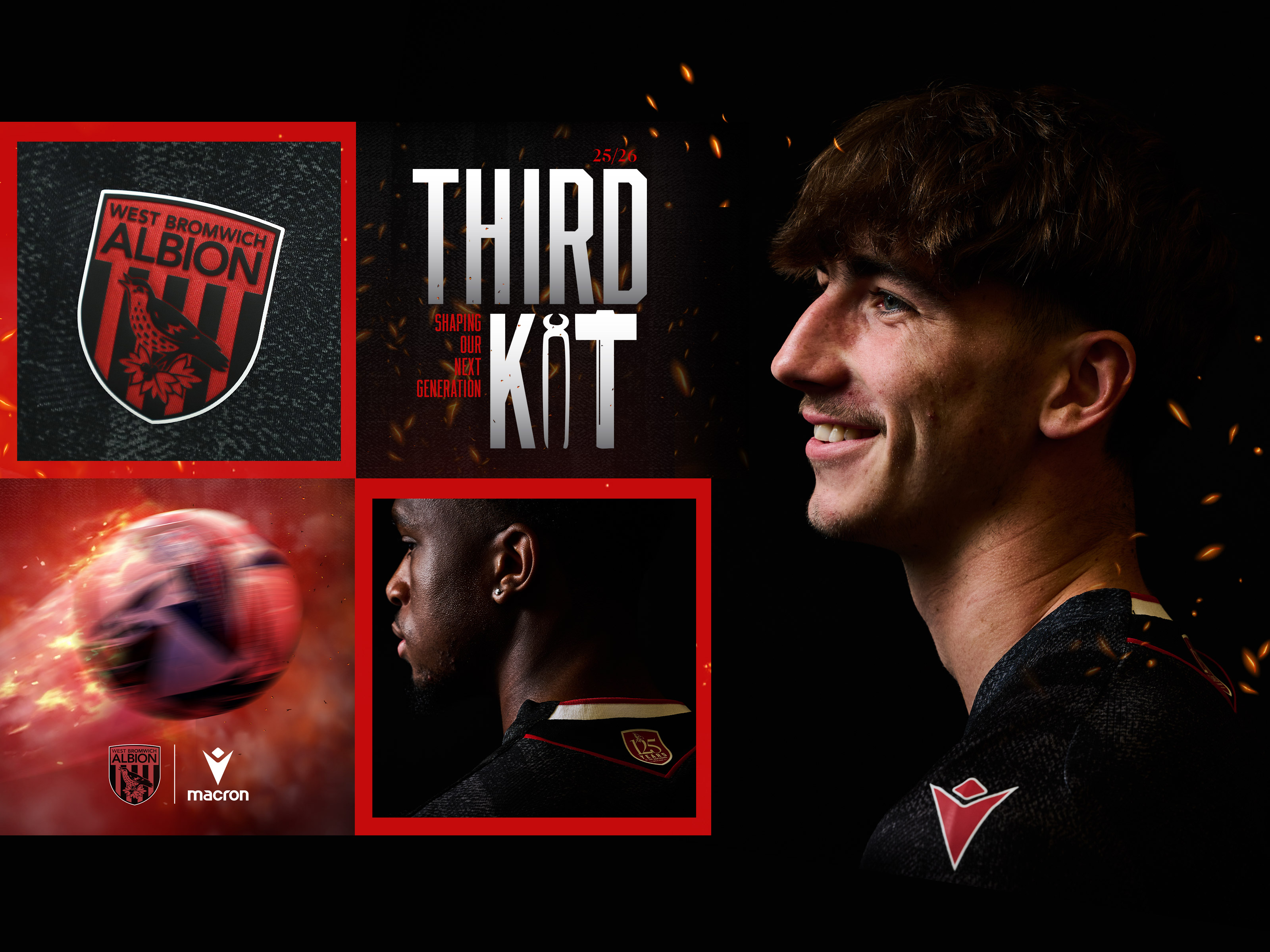 A graphic displaying some close-ups of Albion's third kit, including the black and red badge