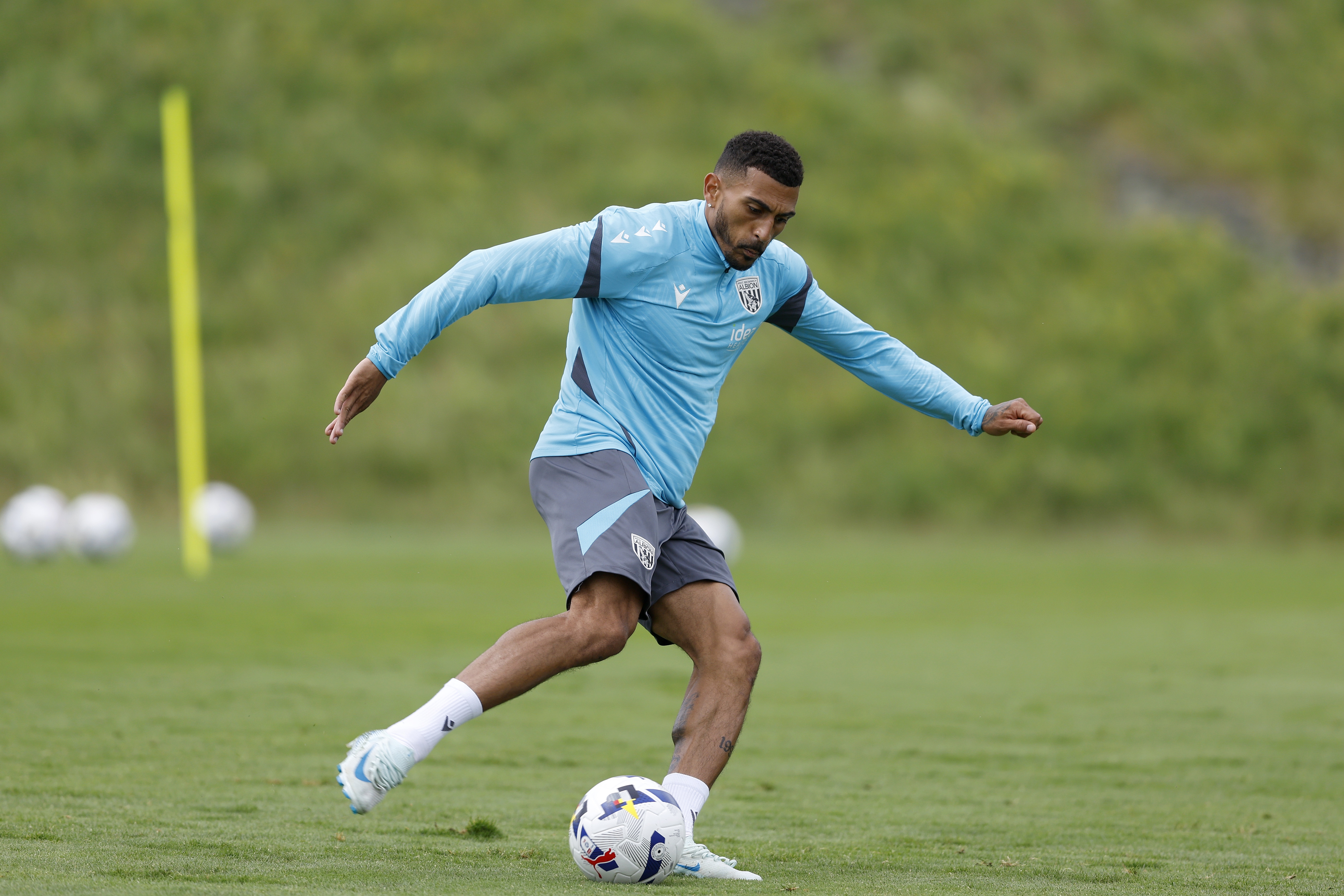 Karlan Grant on the ball during training 