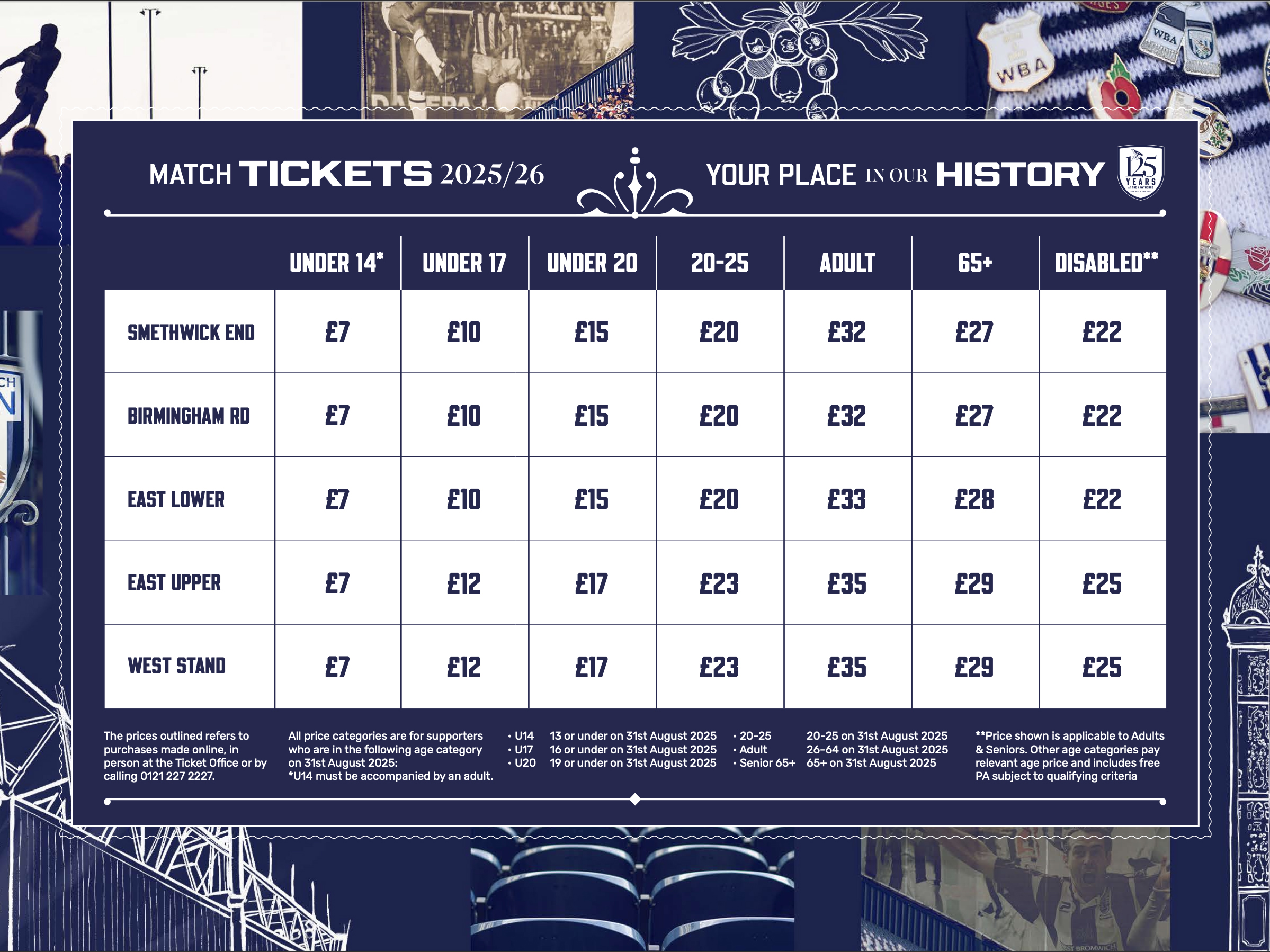 A ticket graphic displaying Albion's match prices for the 2025/26 season