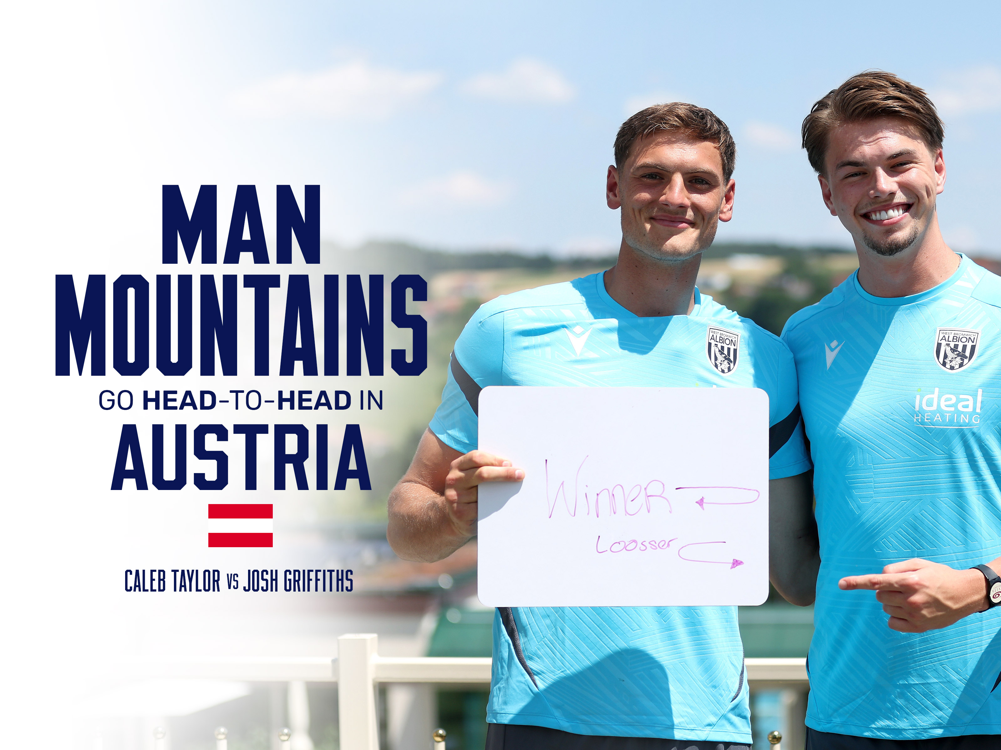 Caleb Taylor and Josh Griffiths standing side-by-side smiling at the camera with man mountains written next to them on a graphic 