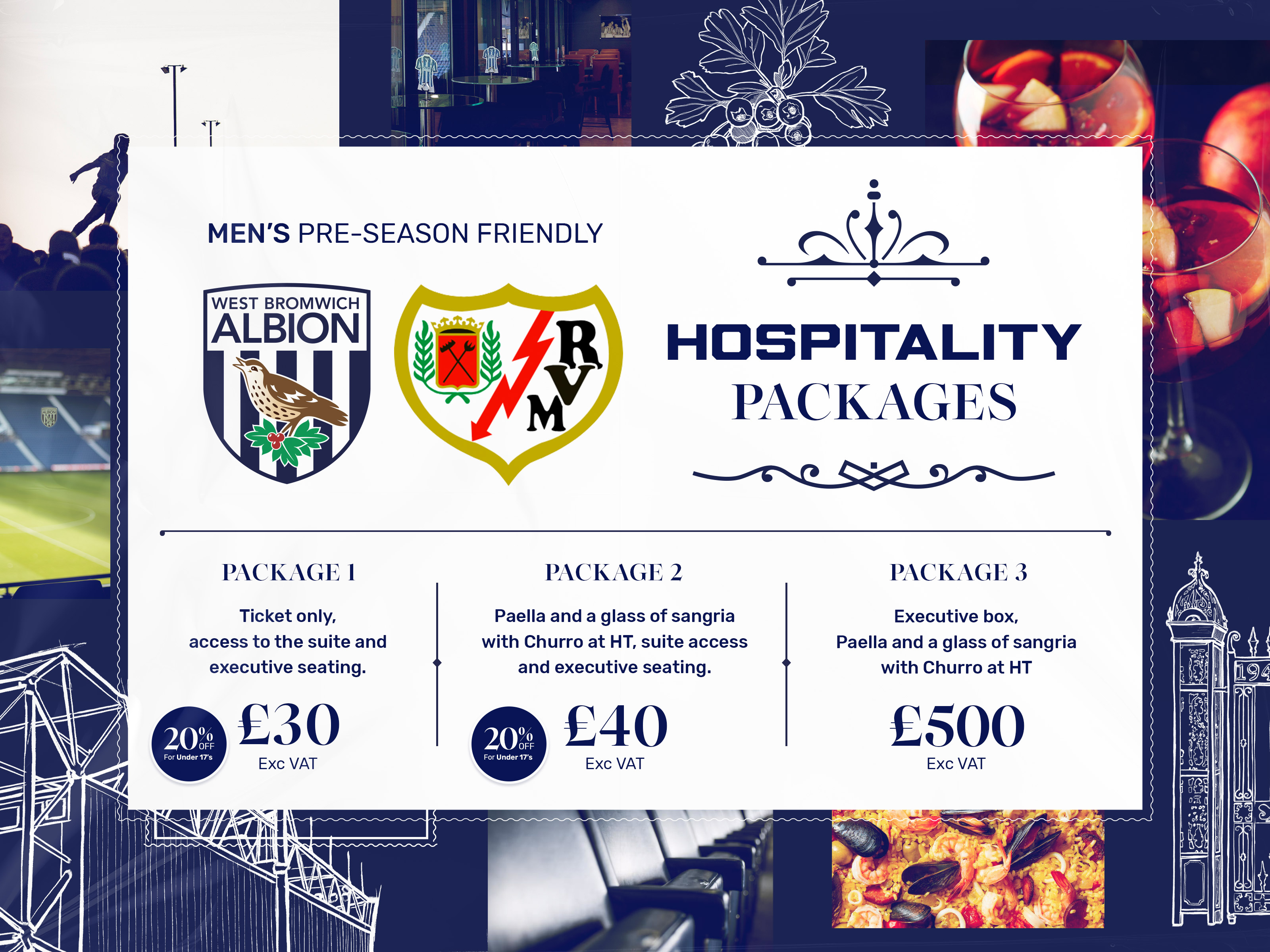 A graphic displaying hospitality packages for Albion's friendly against Rayo Vallecano