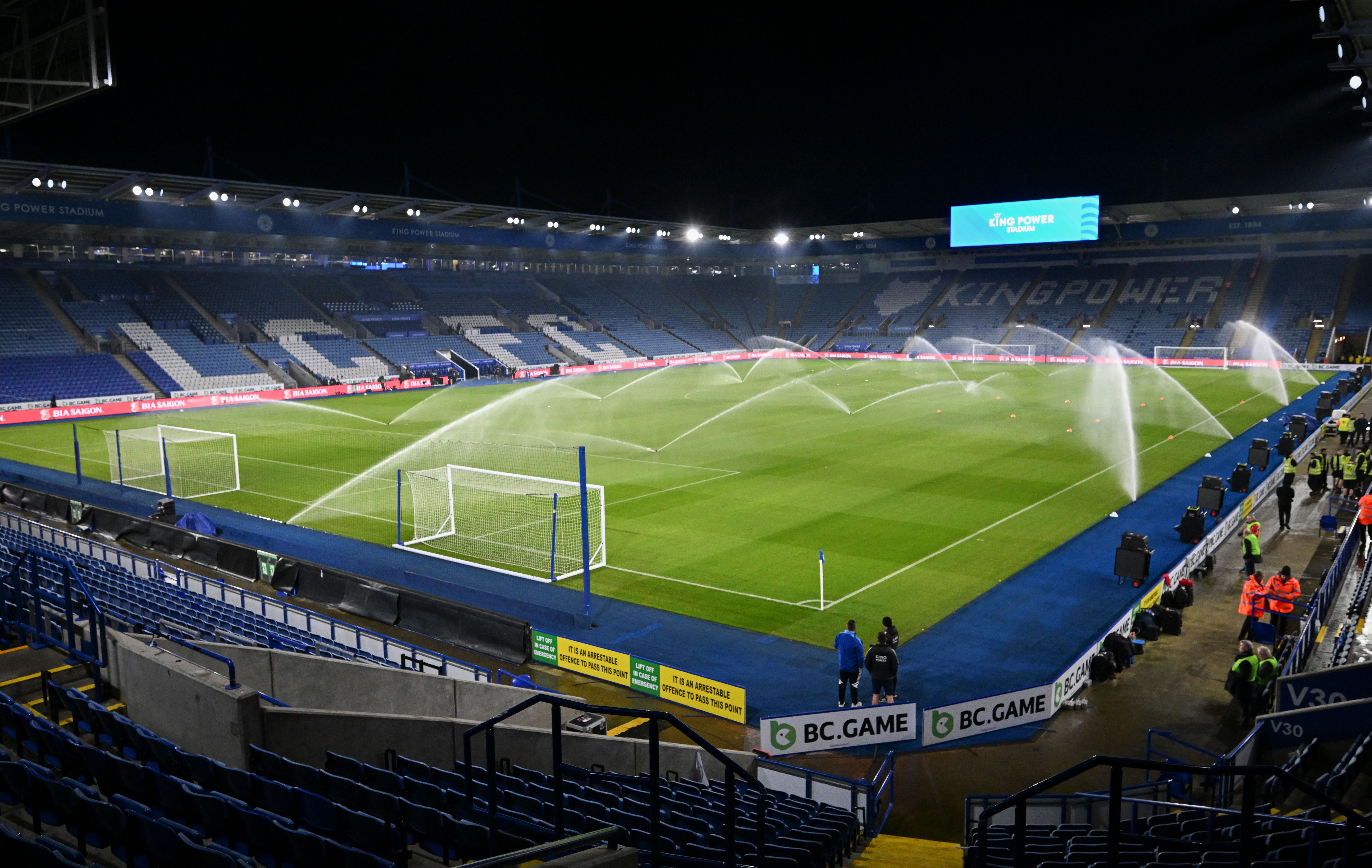 A general view of the King Power Stadium at night