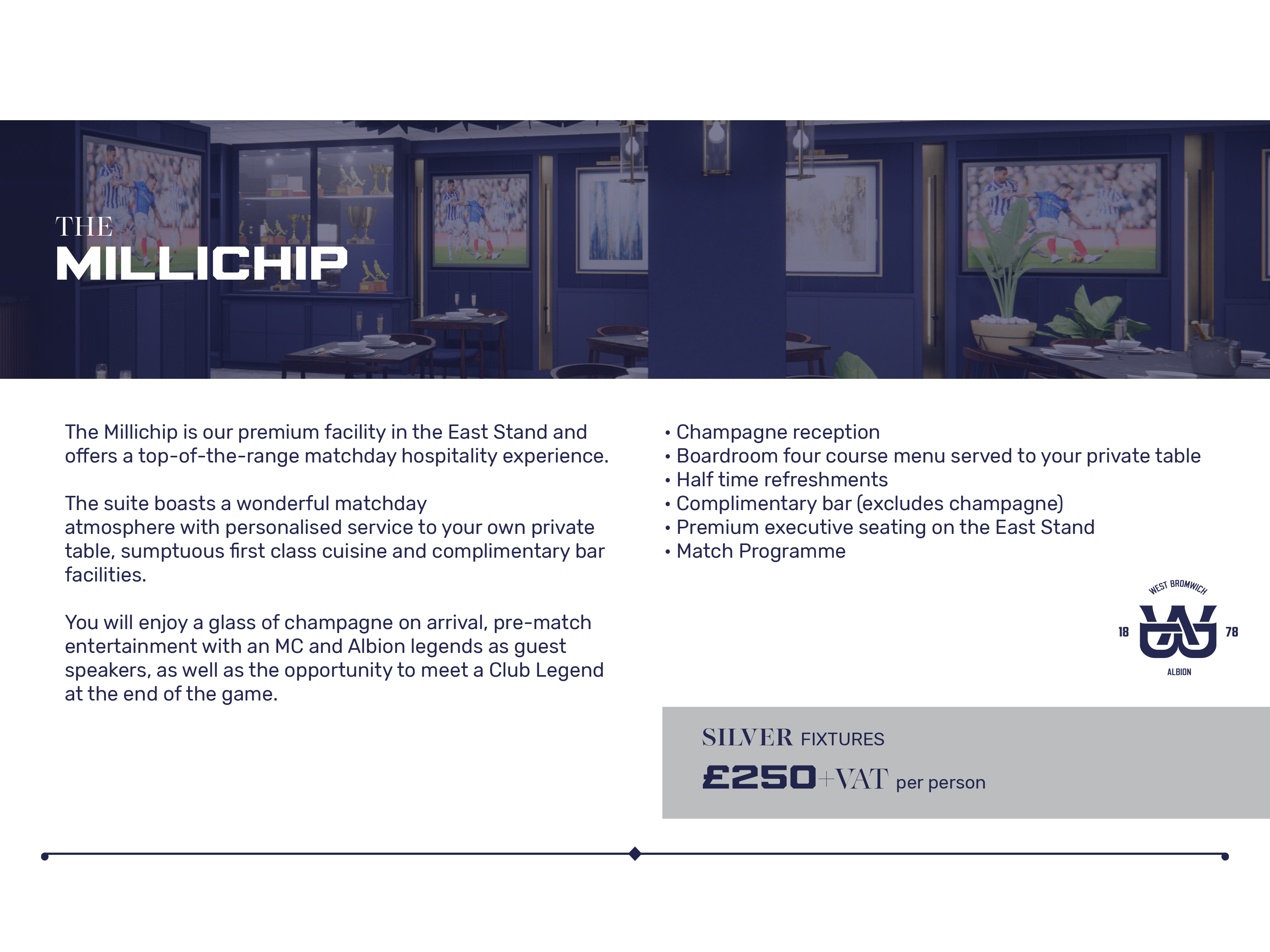 A graphic displaying hospitality information for the Millichip Suite