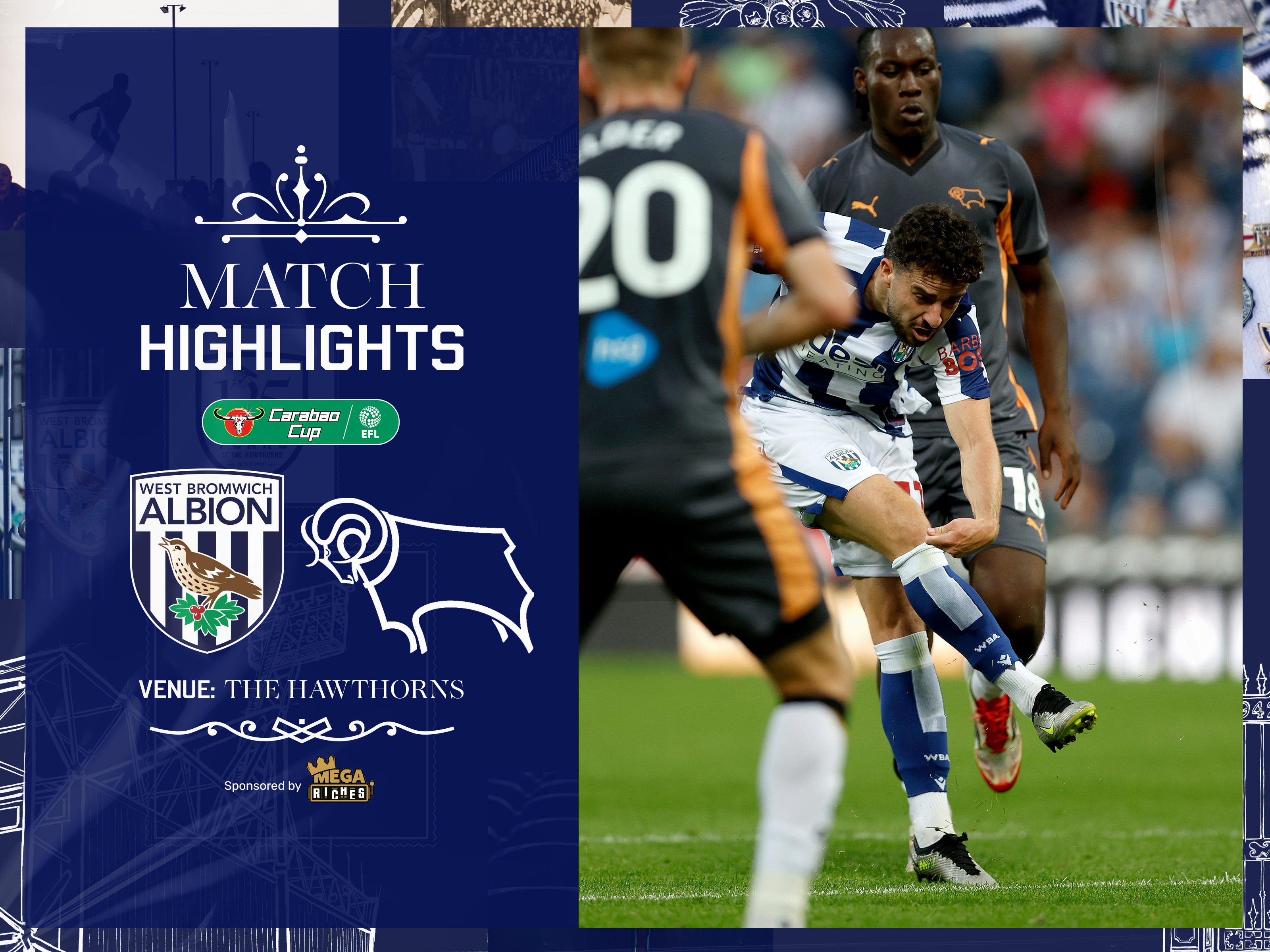 A match highlights graphic showing the badges of Albion and Derby, and an action photo of Mikey Johnston, leading to Carabao Cup highlights
