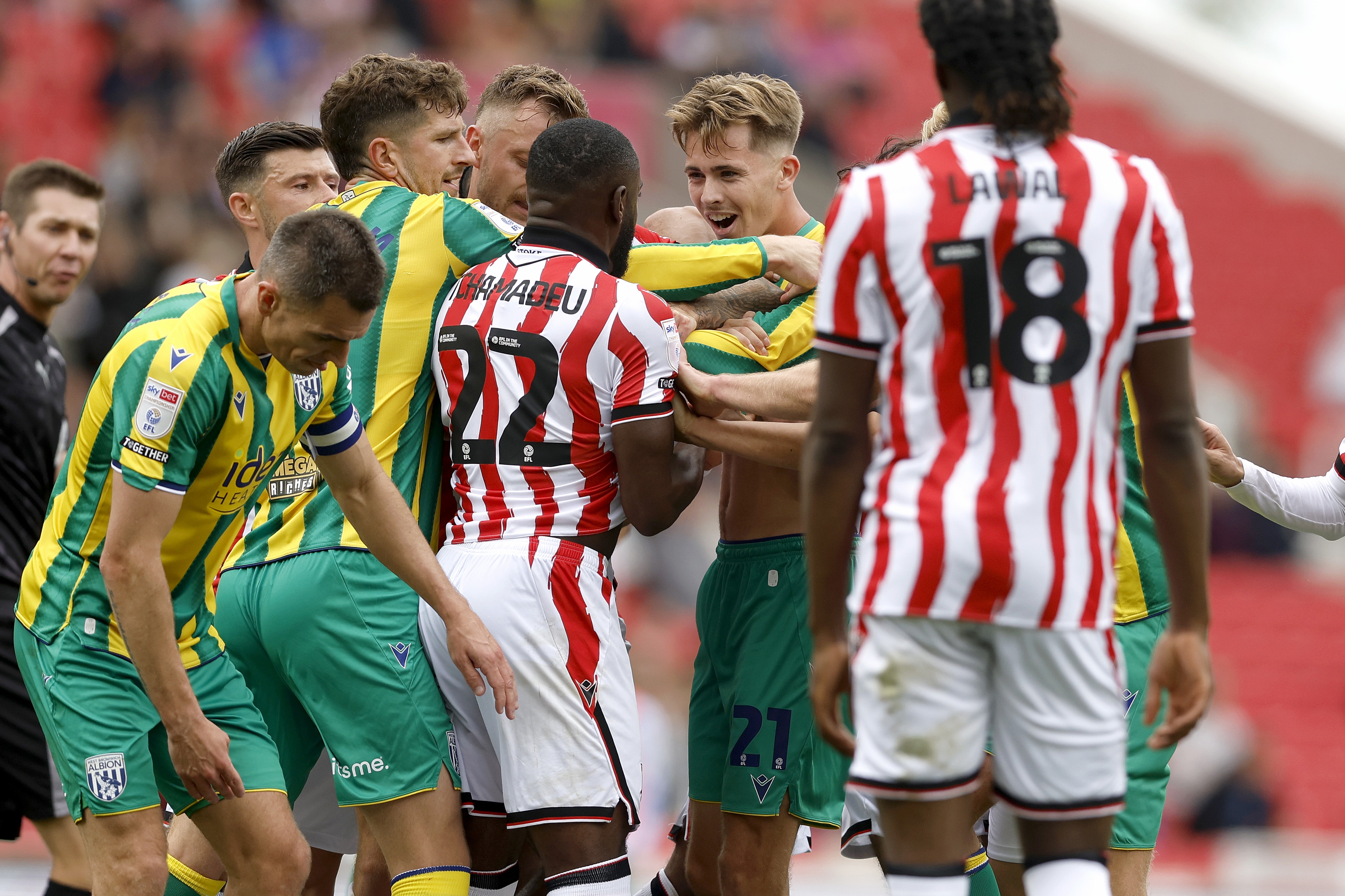 Several players in a scuffle during the Stoke WBA game