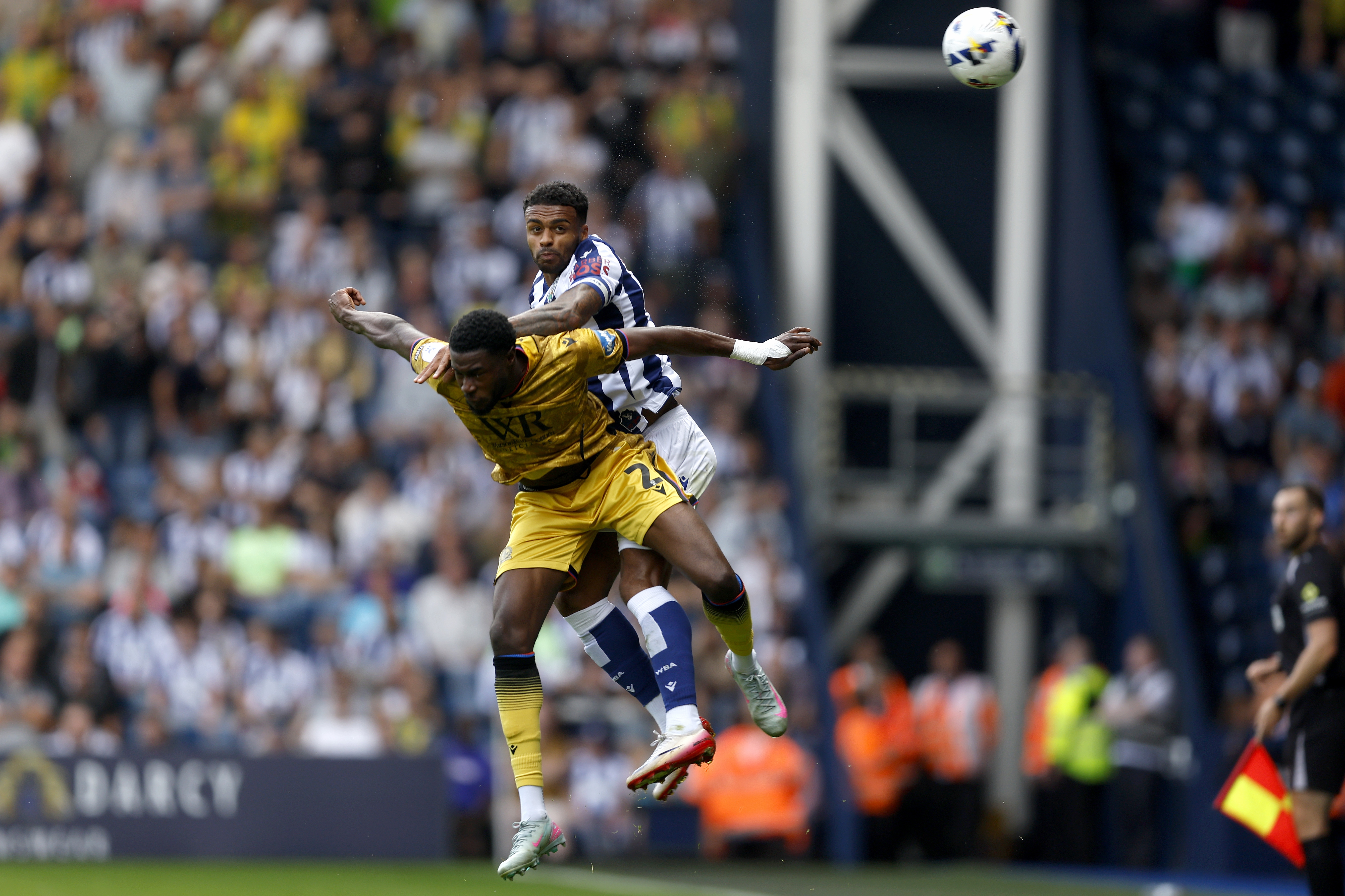 Darnell Furlong jumping for the ball against Blackburn