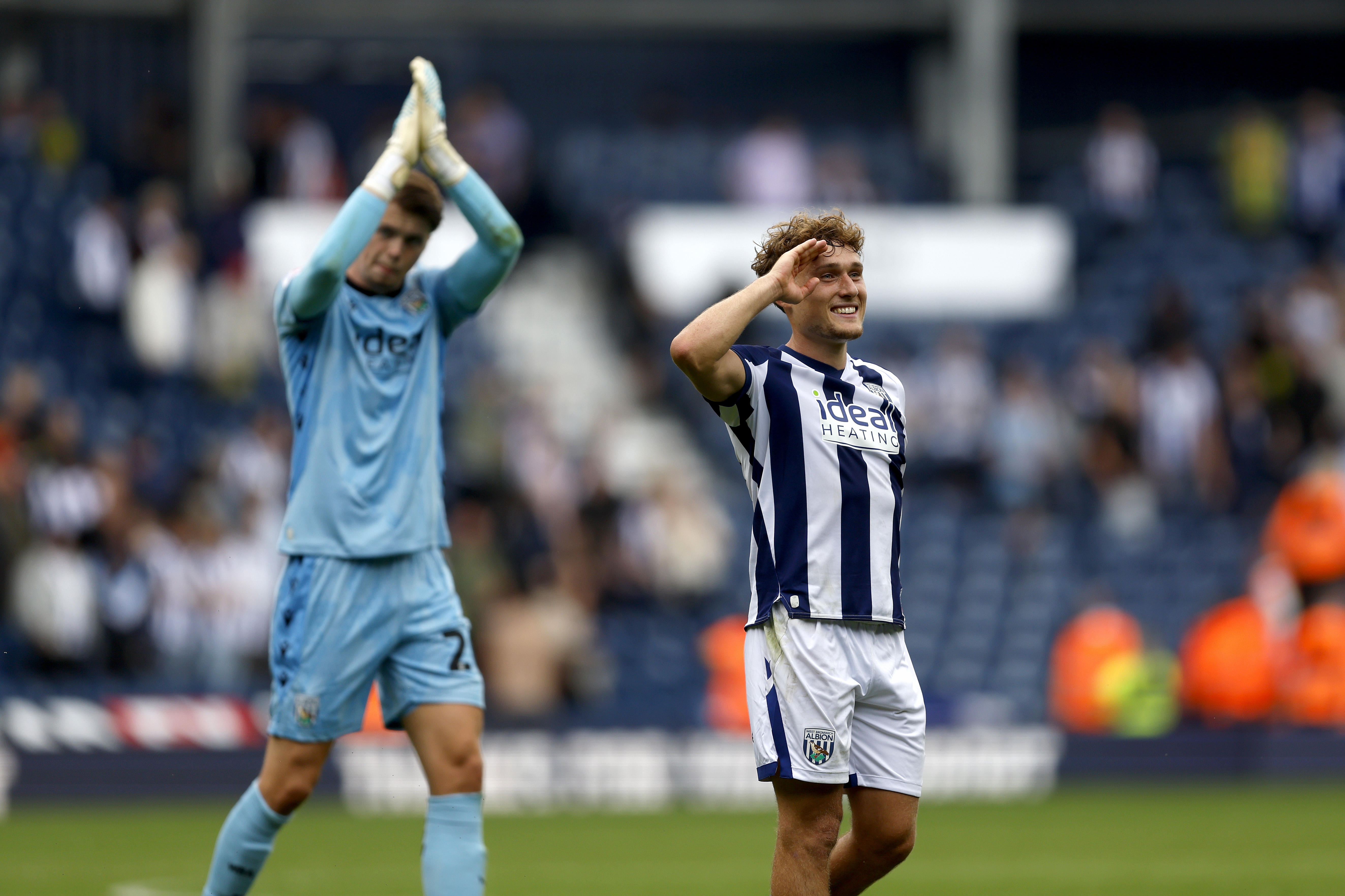 Callum Styles applauding WBA fans after the win over Blackburn