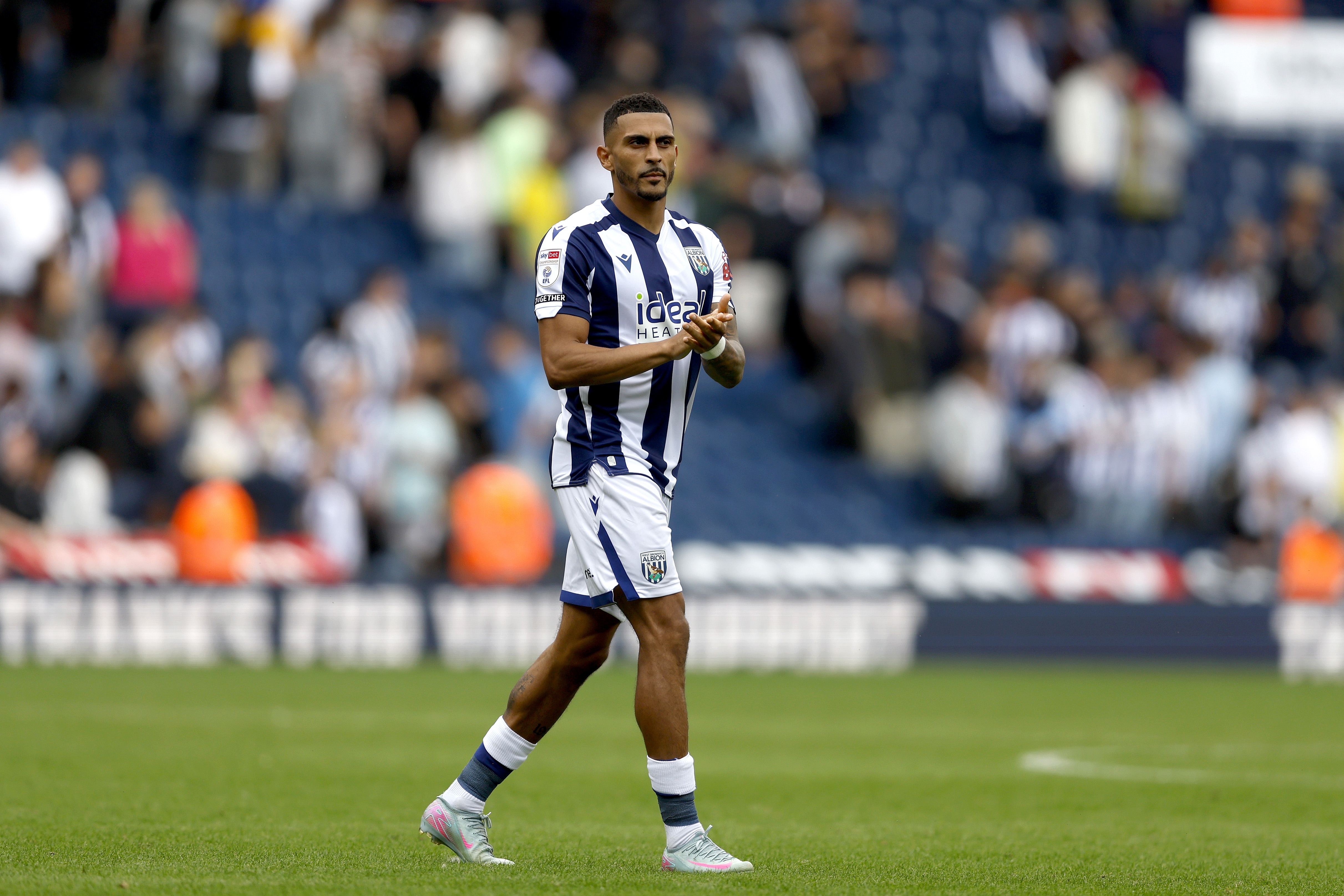 Karlan Grant applauding WBA fans after the win over Blackburn