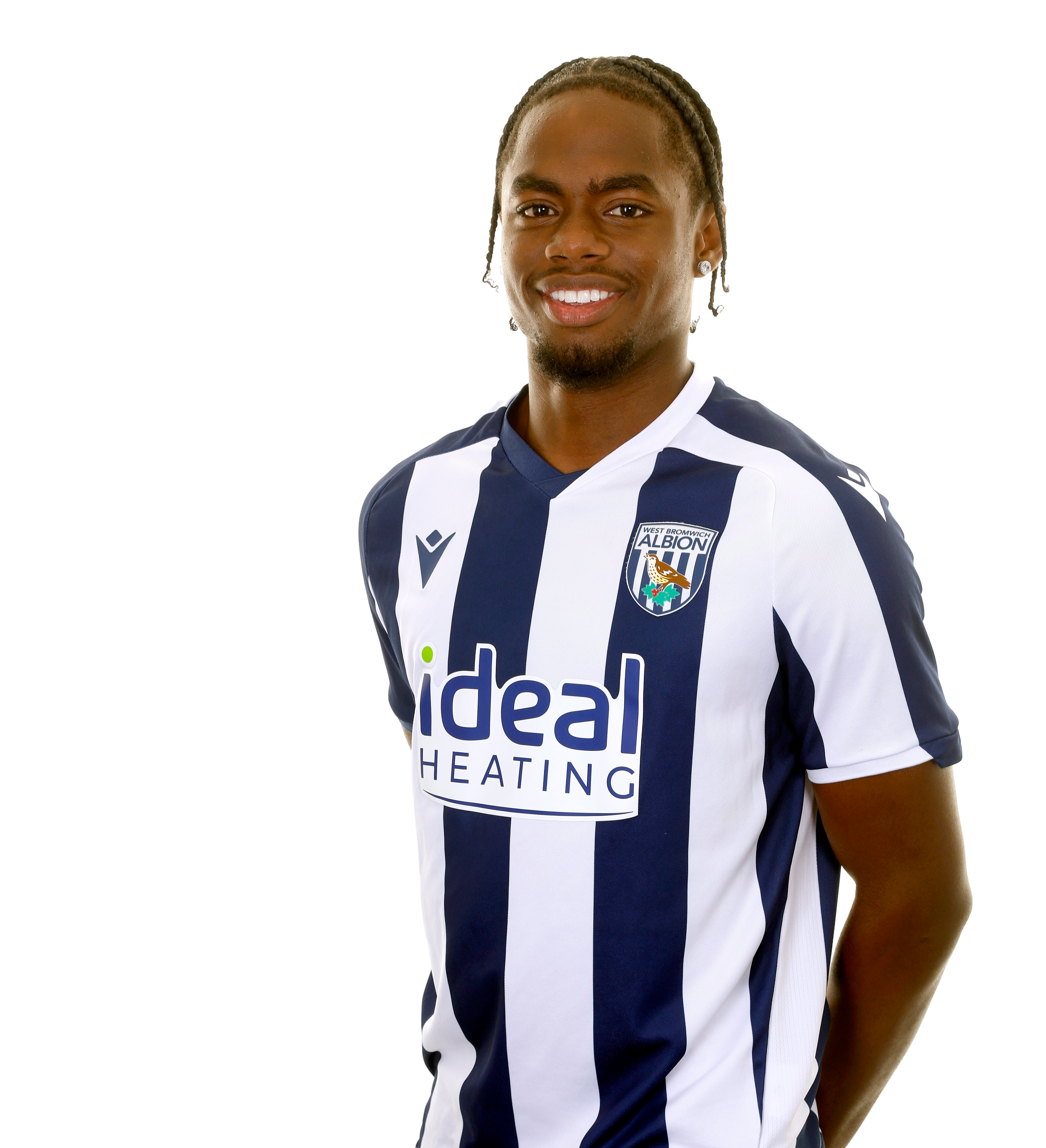 A photo of Albion U21 attacker Akeel Higgins in the 2025/26 home kit