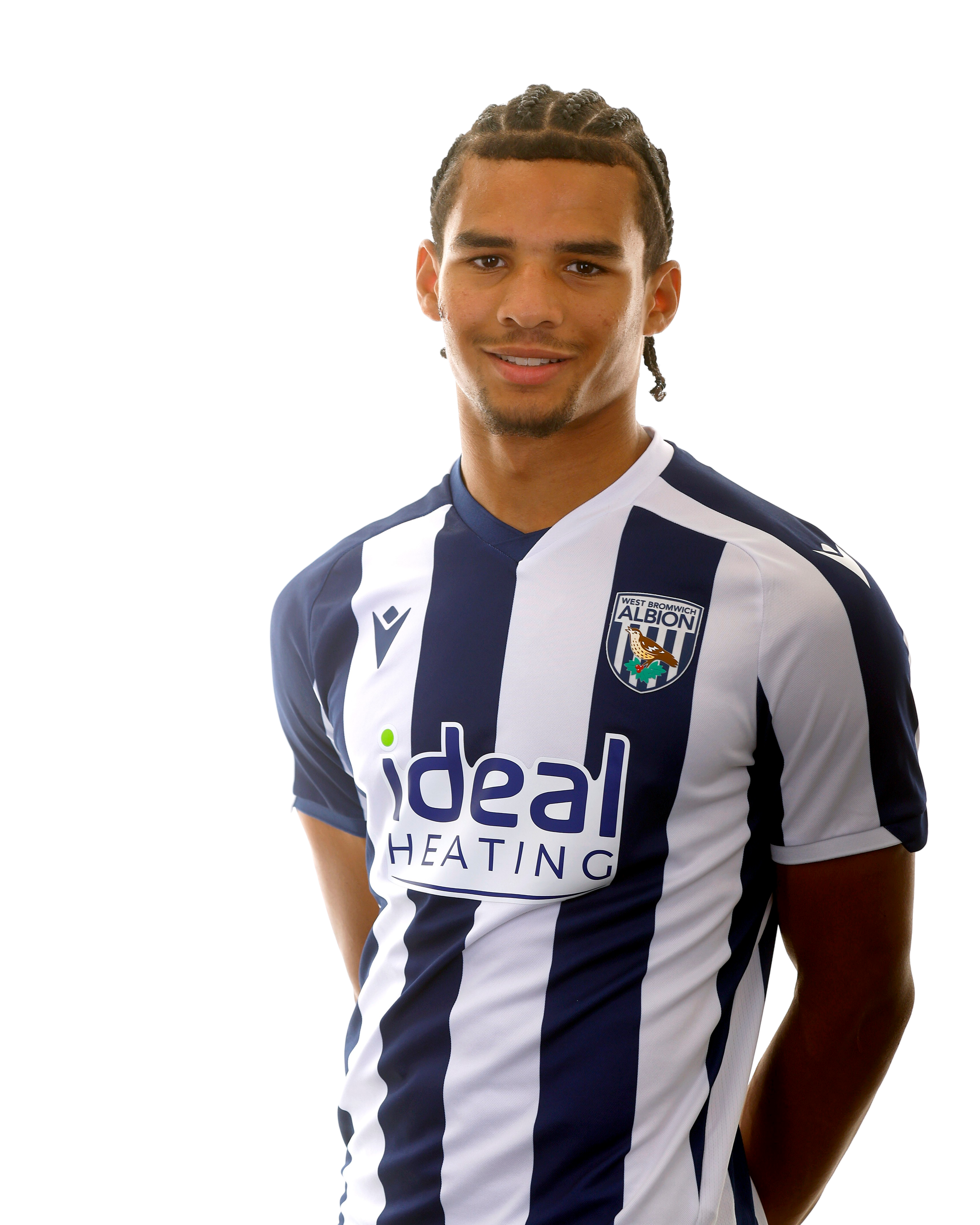 A photo of Albion U18 defender Antonio Perkins in the 2025/26 home kit