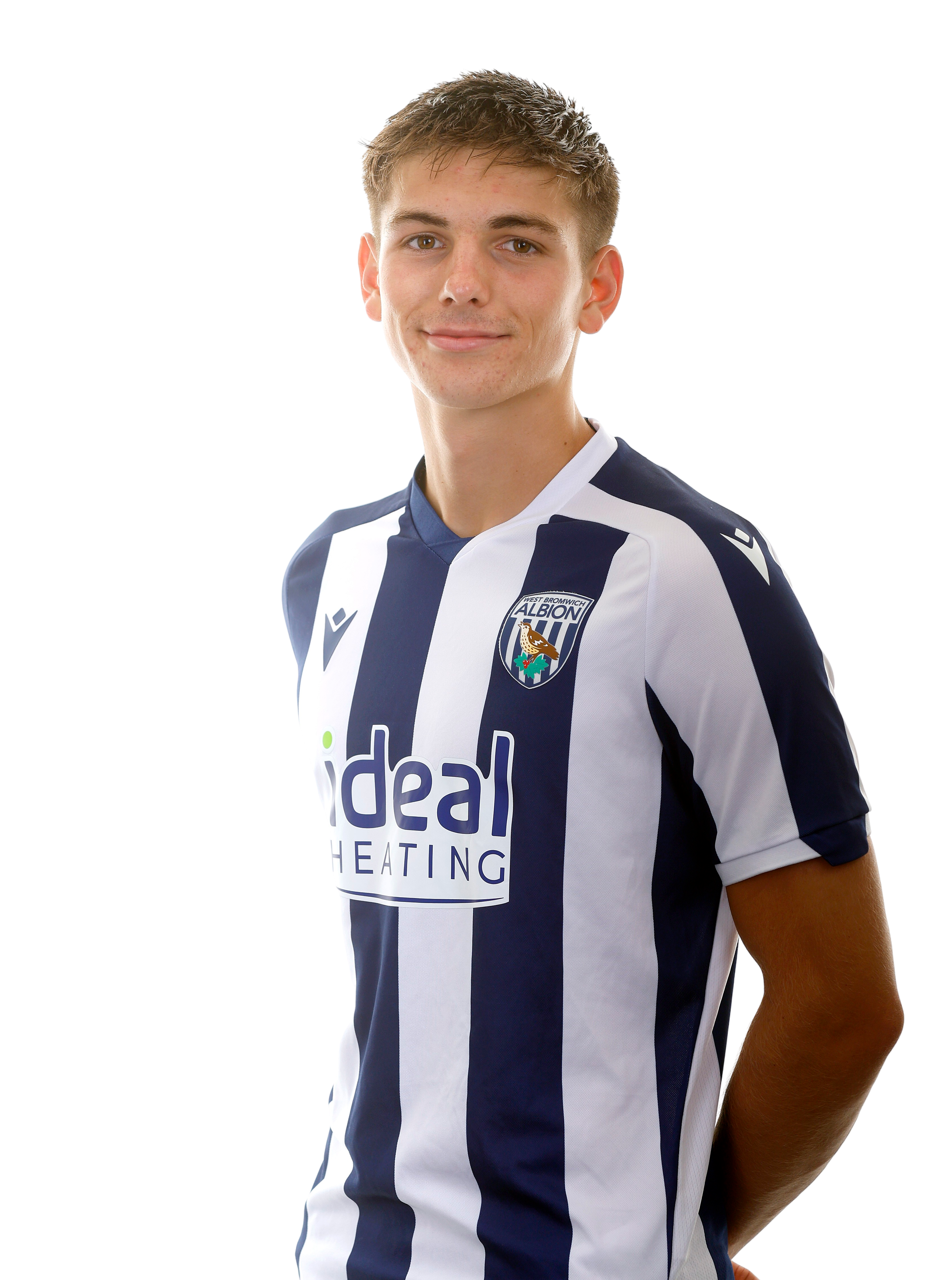 A photo of Albion U18 midfielder Shane Gompe in the 2025/26 home kit