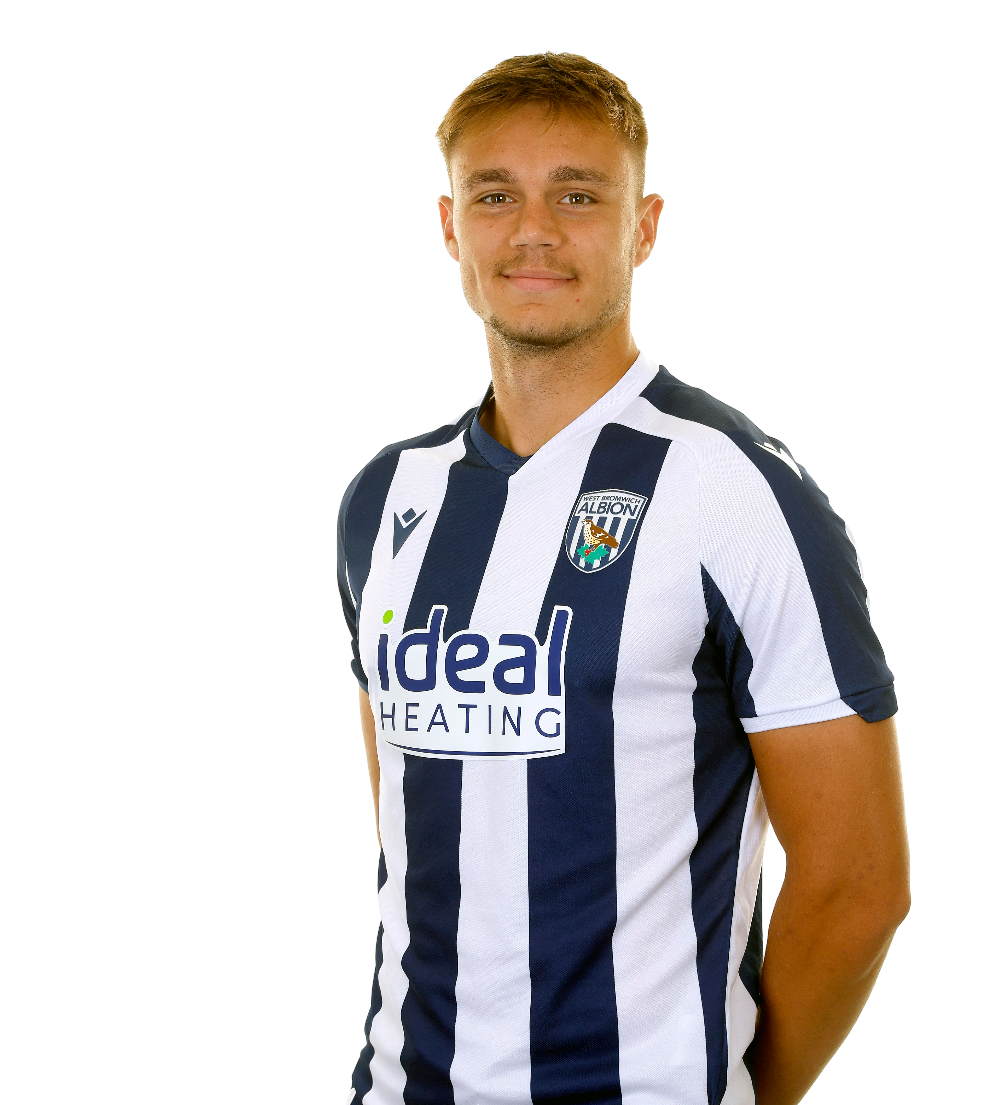 A photo of Albion U21 defender Evan Humphries in the 2025/26 home kit