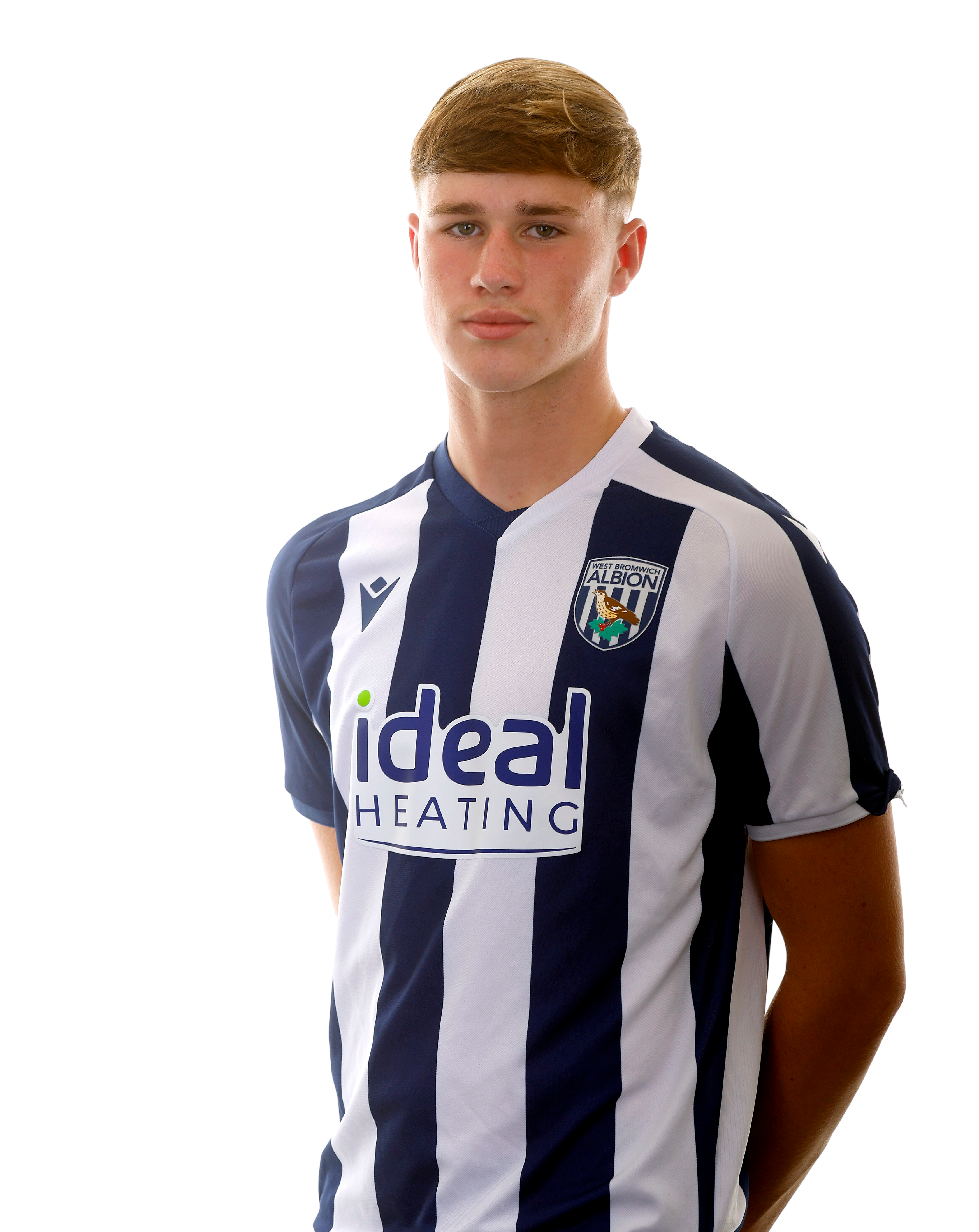 A photo of Albion U18 defender George Shaw in the 2025/26 home kit