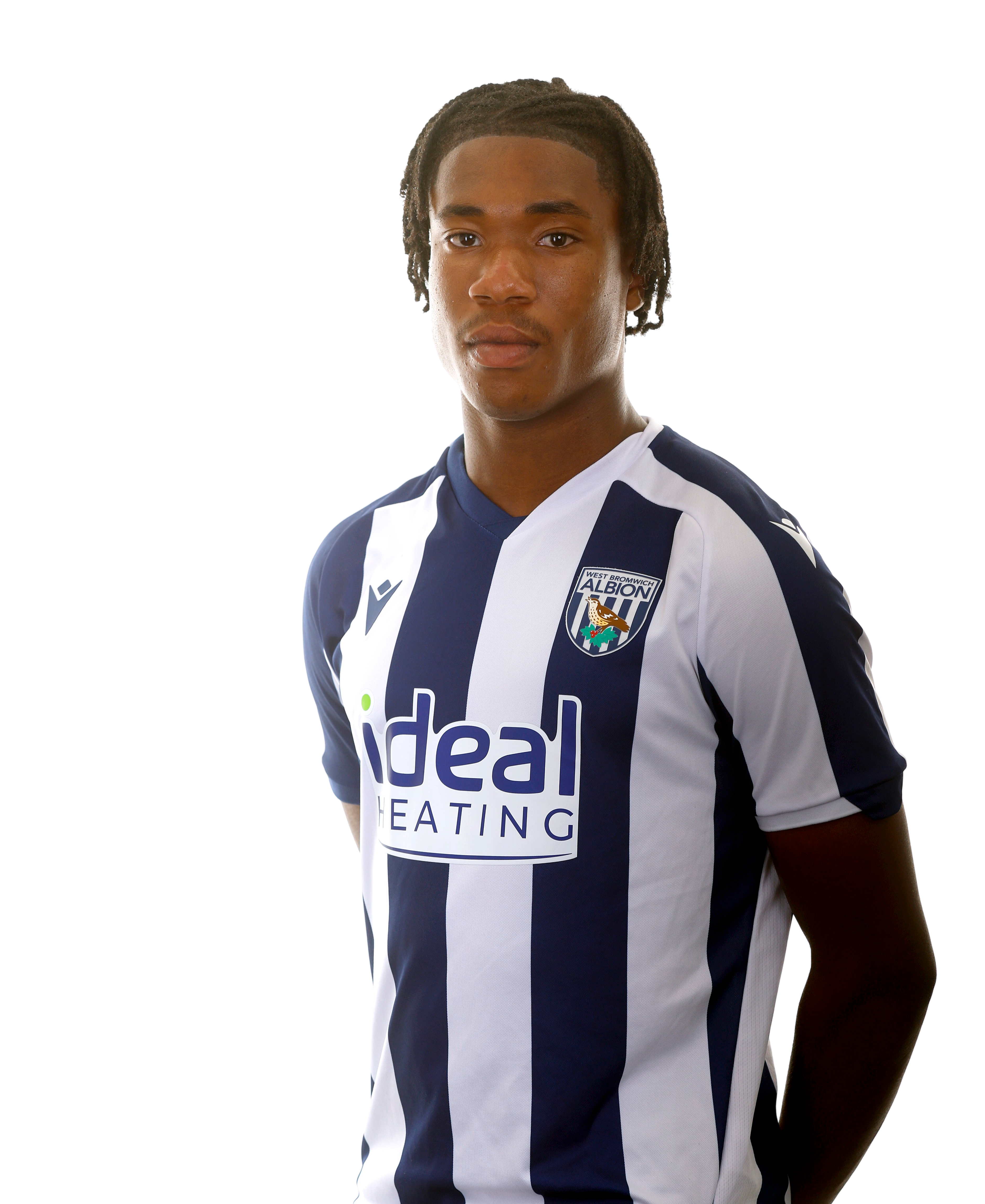 A photo of Albion U18 defender Joel Asomugha in the 2025/26 home kit