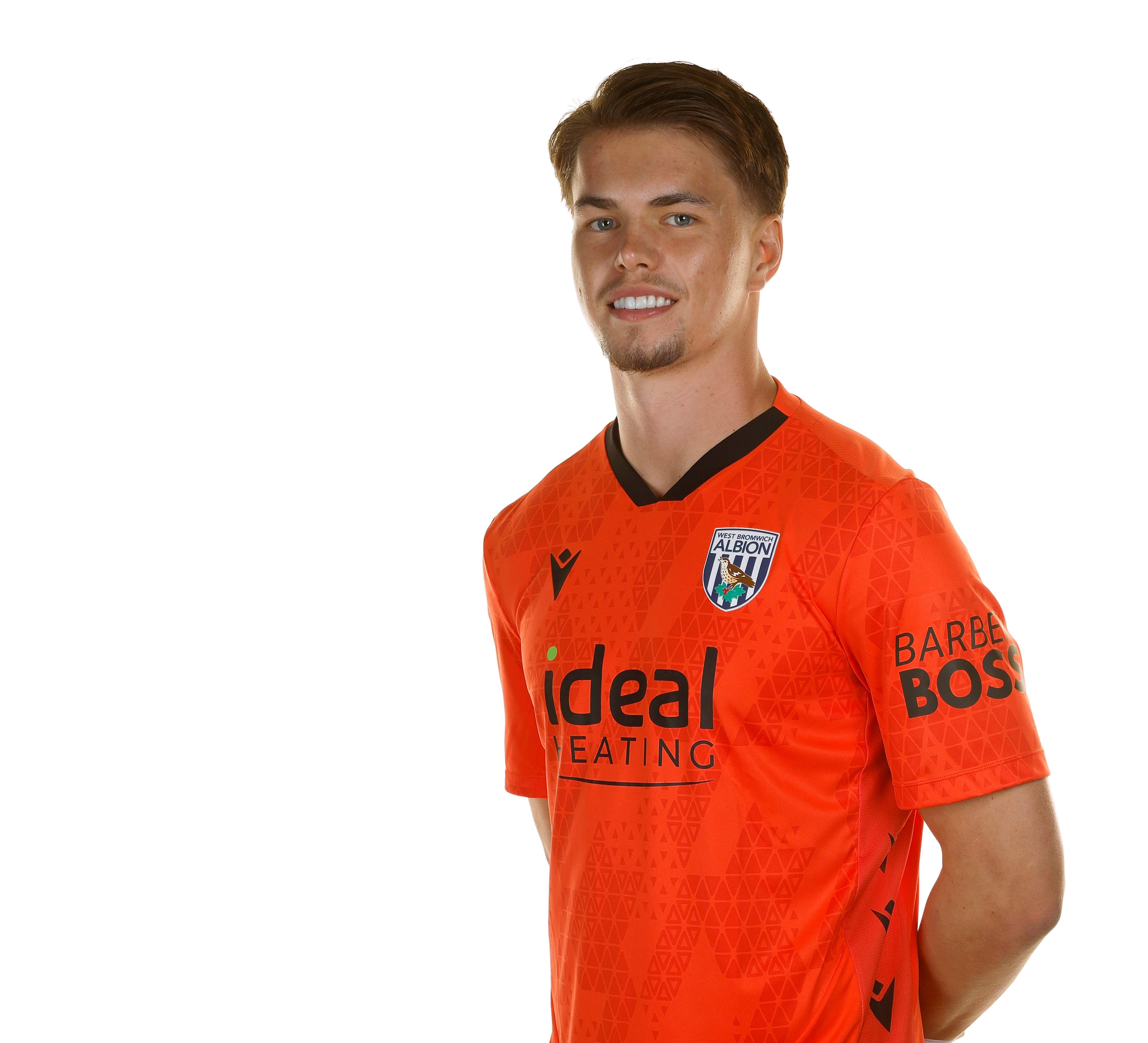 A photo of Albion goalkeeper Josh Griffiths in the 2025/26 orange keeper kit