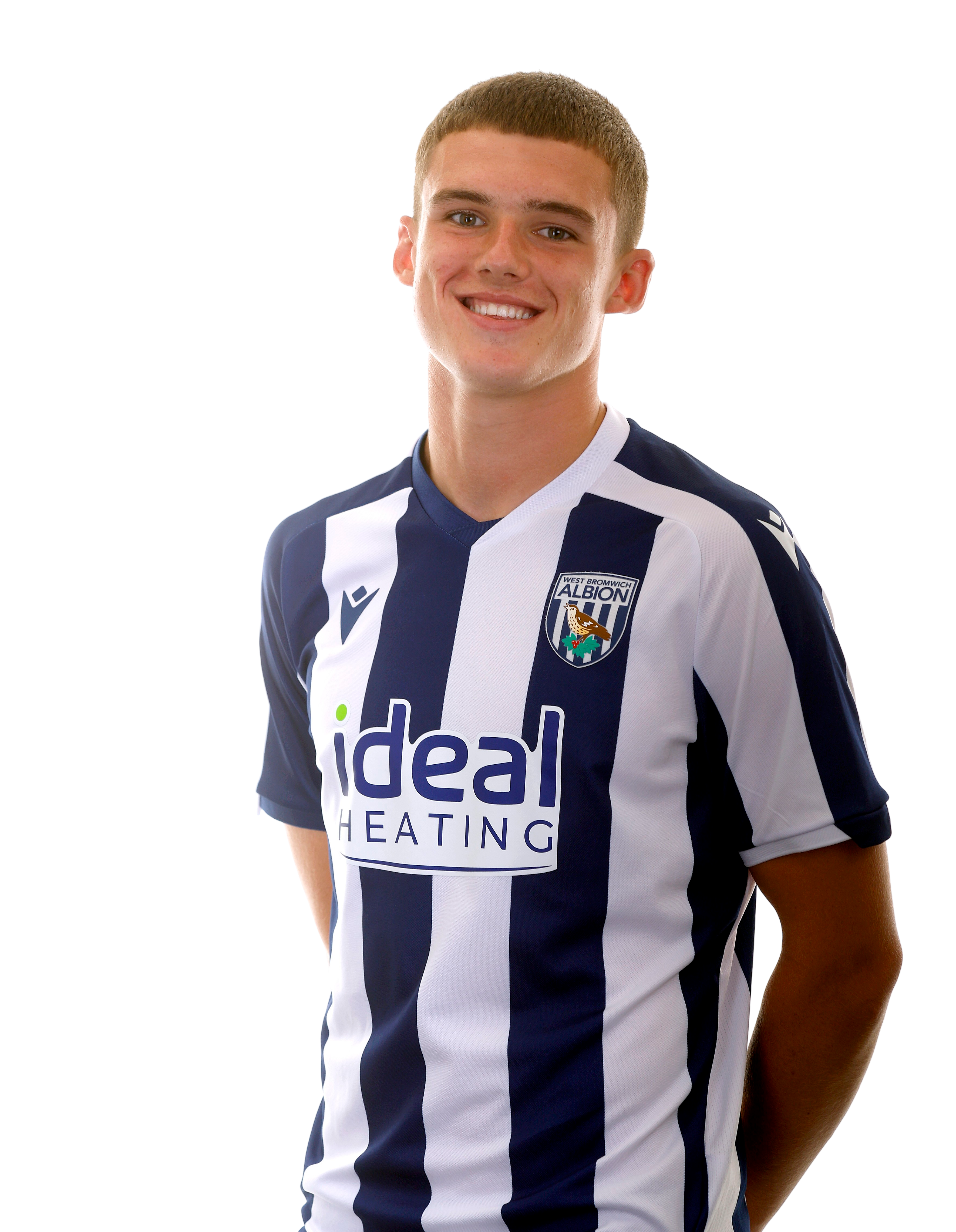 A photo of Albion U18 midfielder Matt Crowther in the 2025/26 home kit