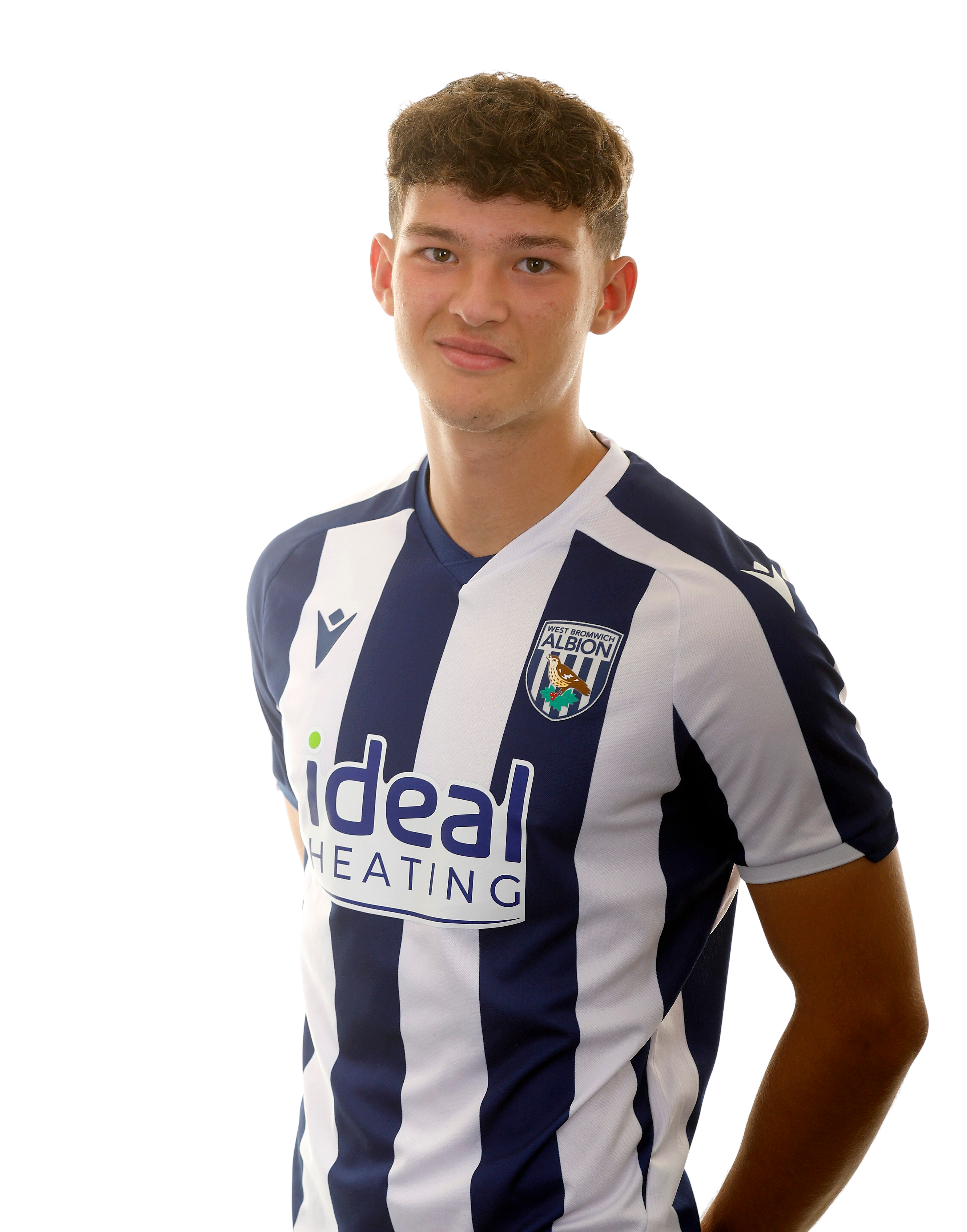 A photo of Albion U18 defender Noah DuPont in the 2025/26 home kit