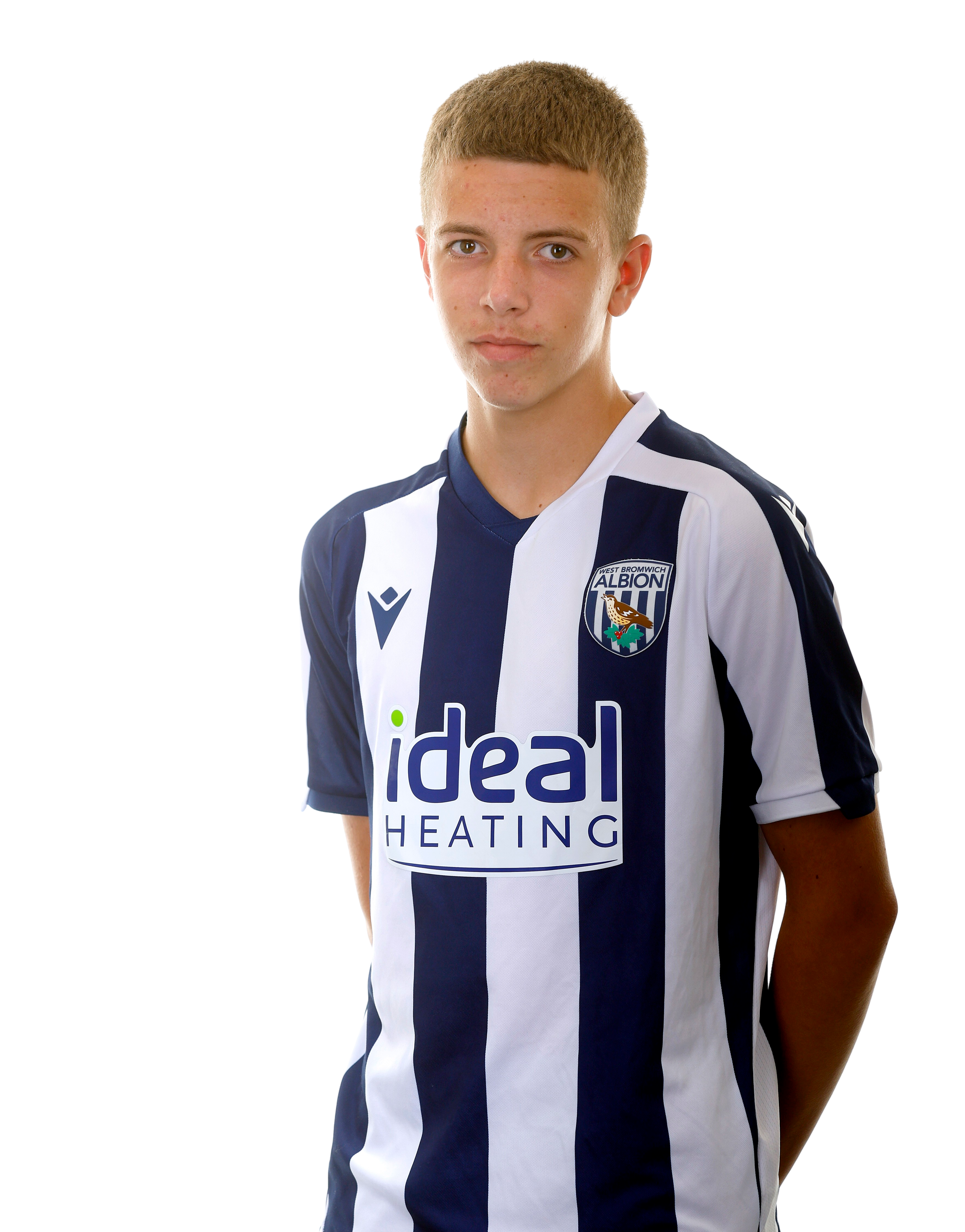 A photo of Albion U18 midfielder Reece Bastafield in the 2025/26 home kit