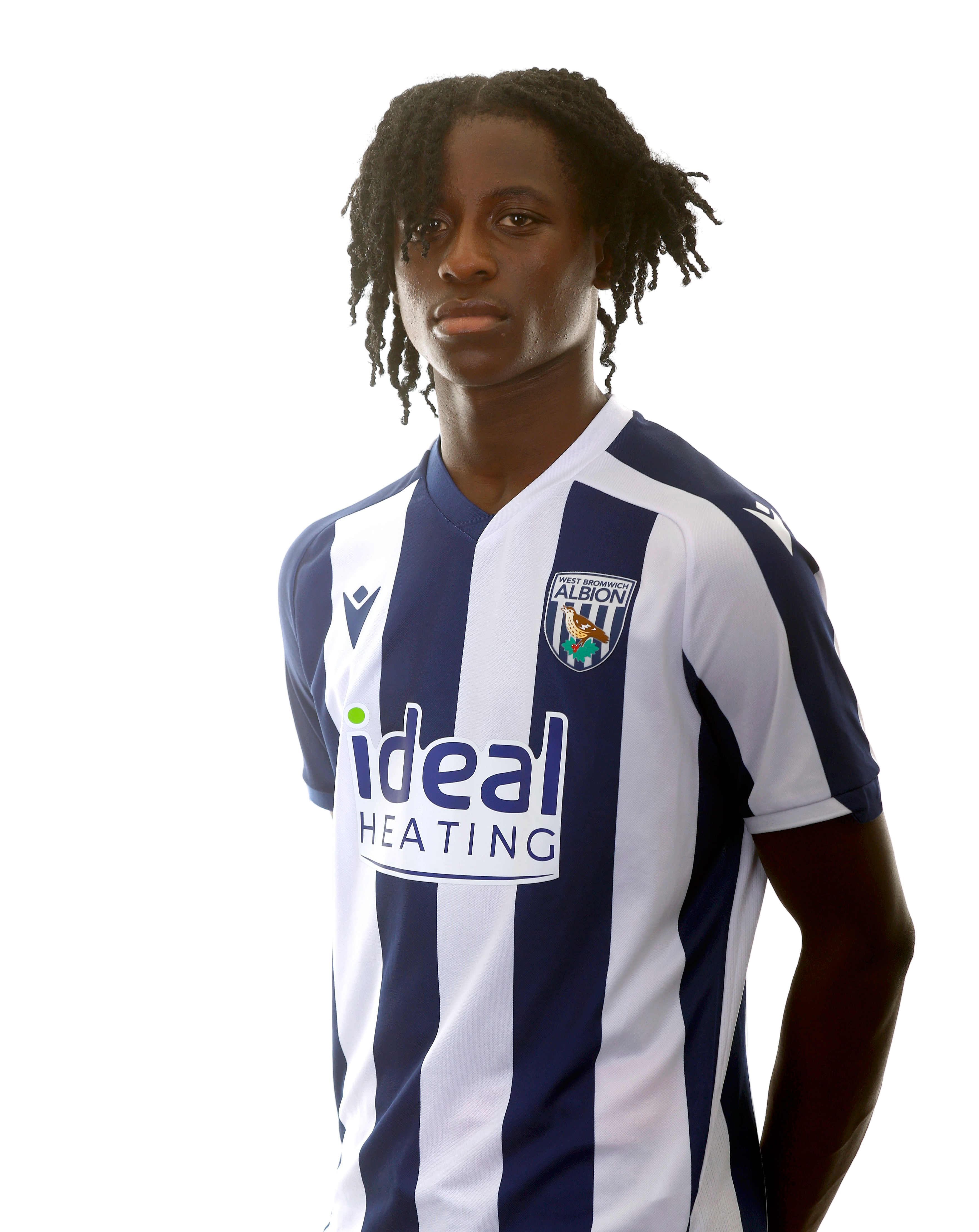 A photo of Albion U18 midfielder Shane Gompe in the 2025/26 home kit
