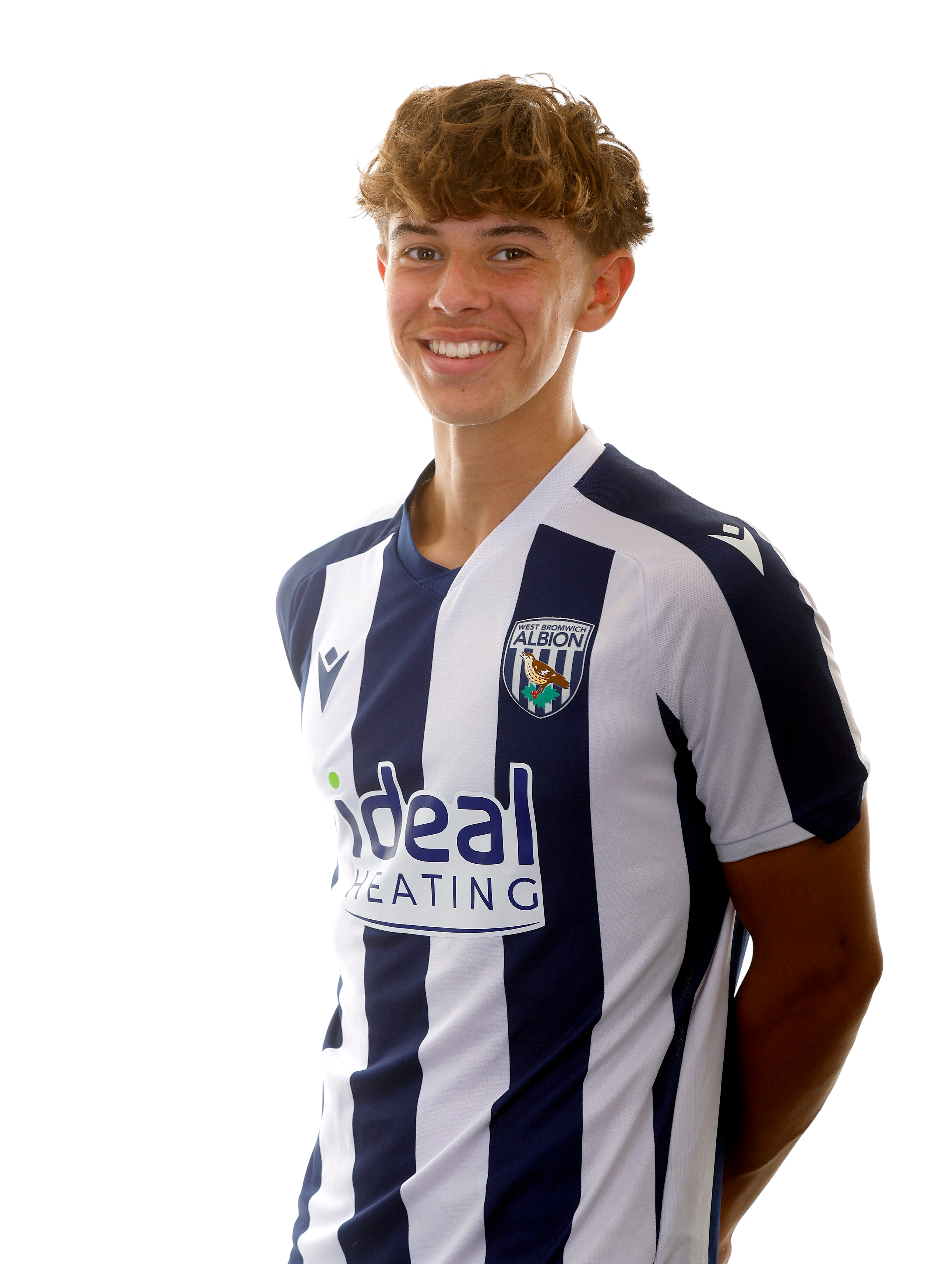 A photo of Albion U18 defender Theo Jackson in the 2025/26 home kit