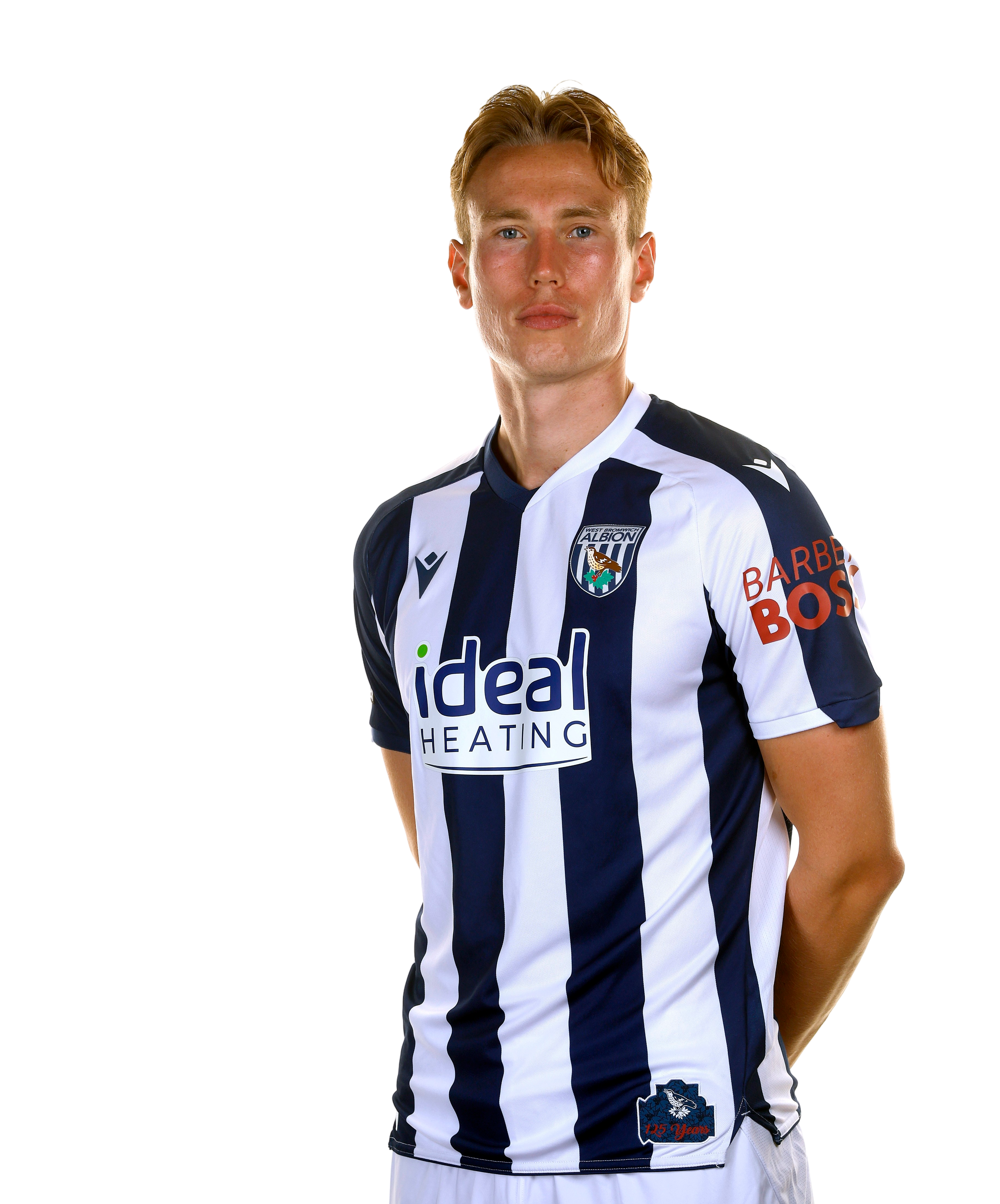 A photo of Albion defender Tobrjorn Heggem in the 2025/26 home kit