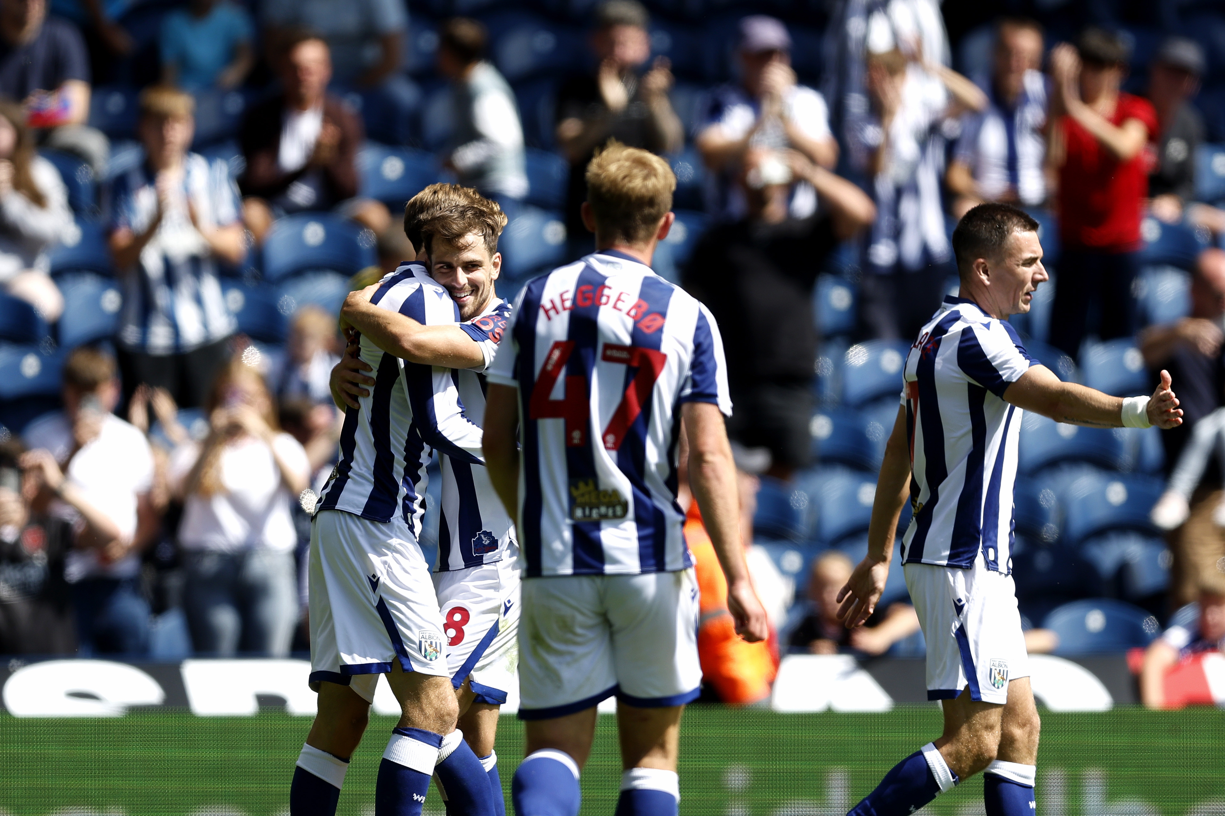 Jayson Molumby celebrates after scoring against Rayo Vallecano at The Hawthorns